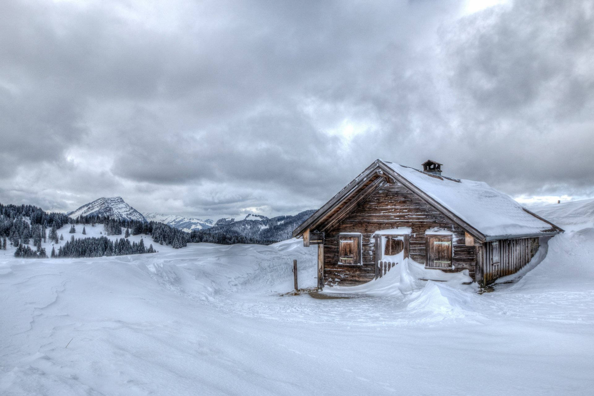 Winter House, snow-covered wooden cabin, vast winter mountain landscape, Full HD Desktop Wallpaper