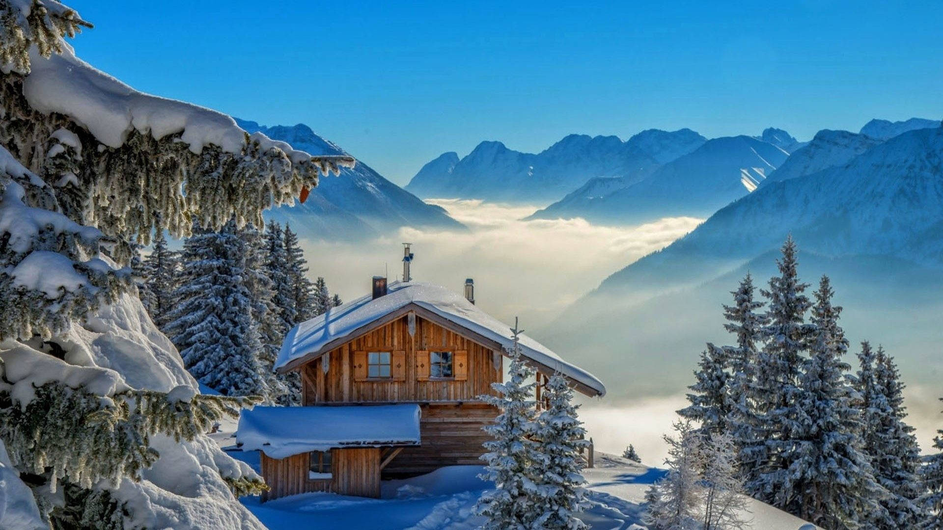 Winter House, sea of clouds, snow-covered pines, Full HD Desktop Wallpaper