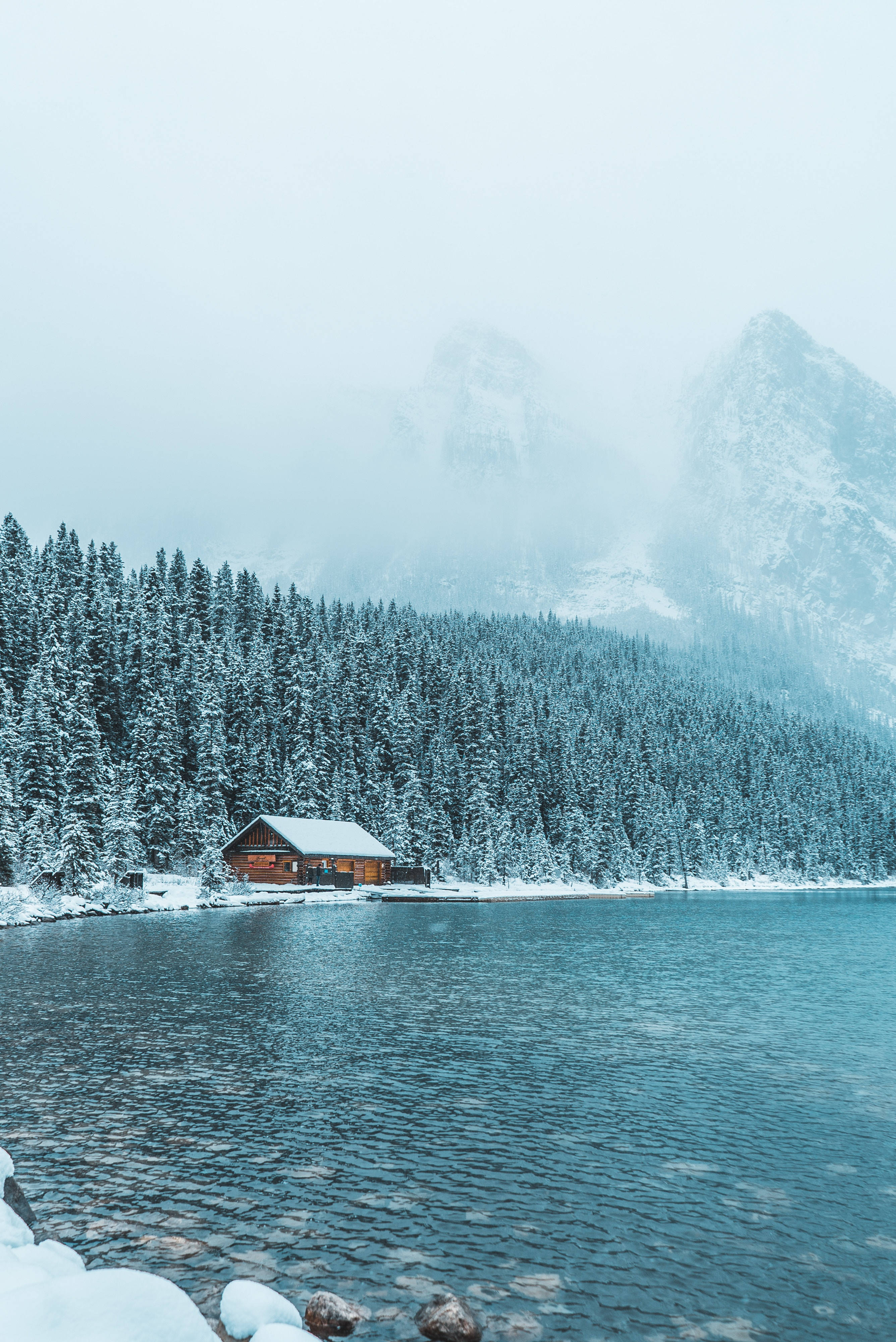 wooden cabin, calm blue lake, snow-covered pine trees, 4K Phone Wallpaper