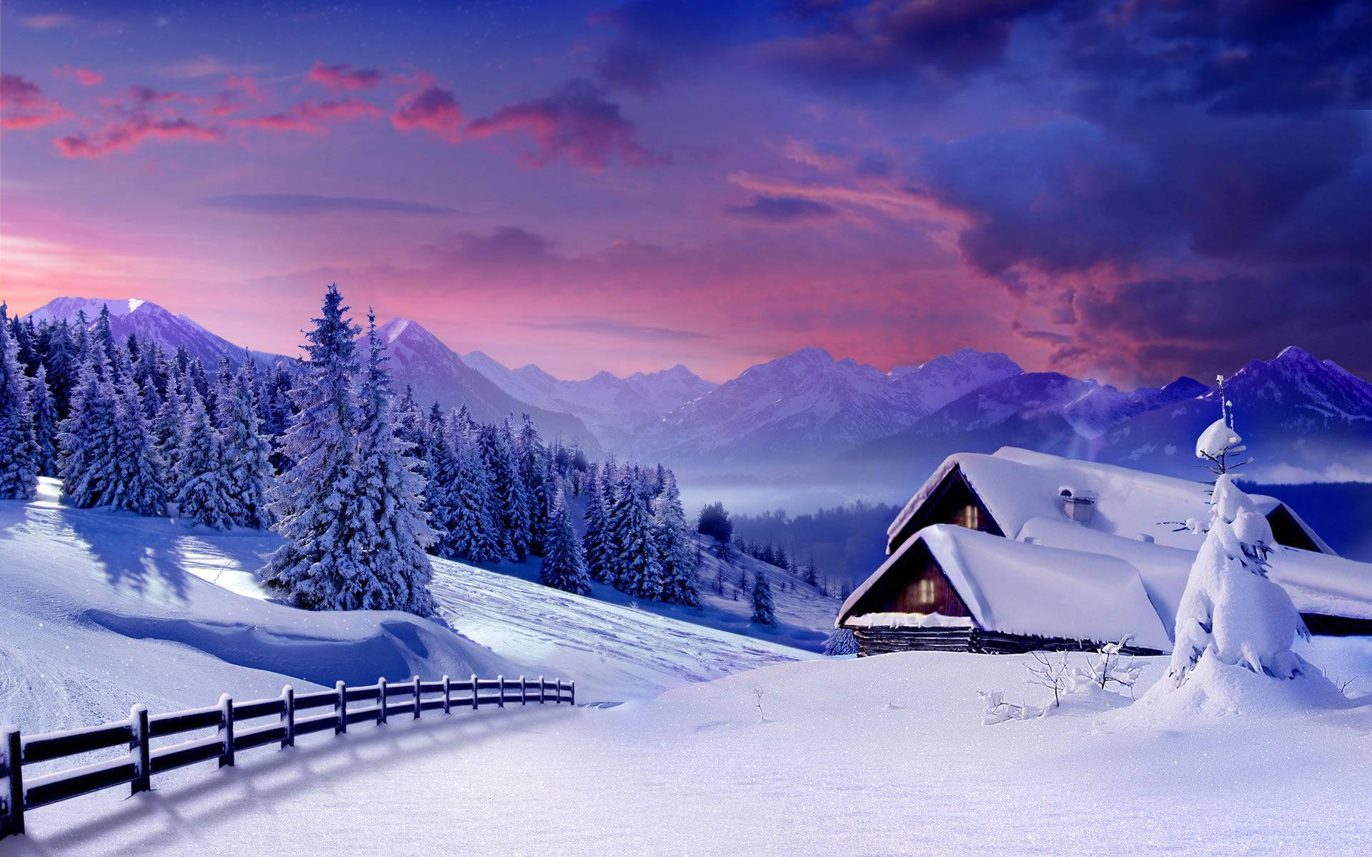 snow-covered wooden cabin, winter forest, vibrant pink and purple sunset sky, Full HD Desktop Wallpaper