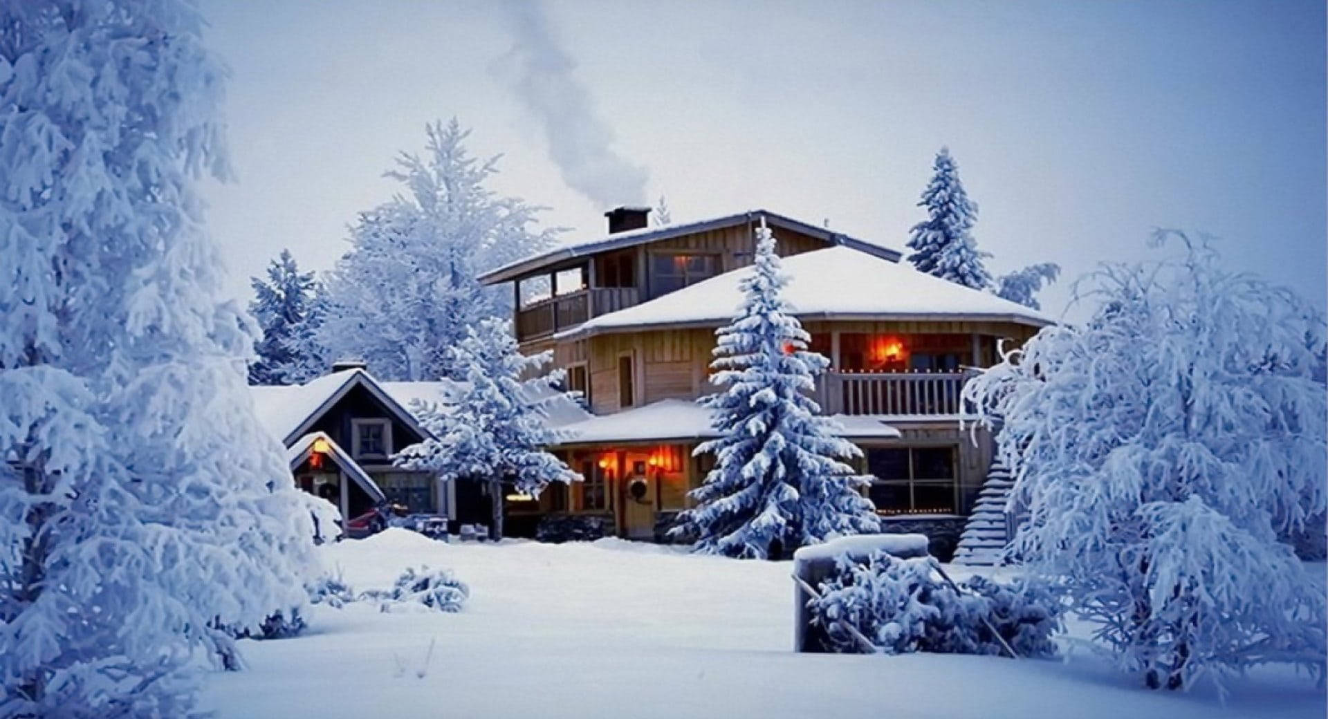 cozy wooden cabin, snowy forest, warm lights glowing from windows, Full HD Desktop Wallpaper