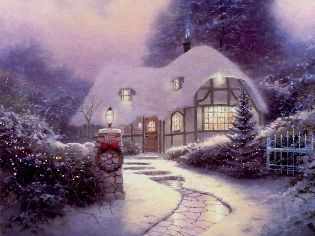 cozy winter cottage, snow-covered cottage, dusk, SD Desktop Wallpaper