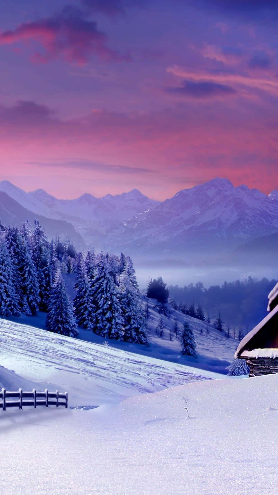 snowy landscape, mountain valley, twilight, Full HD Phone Wallpaper