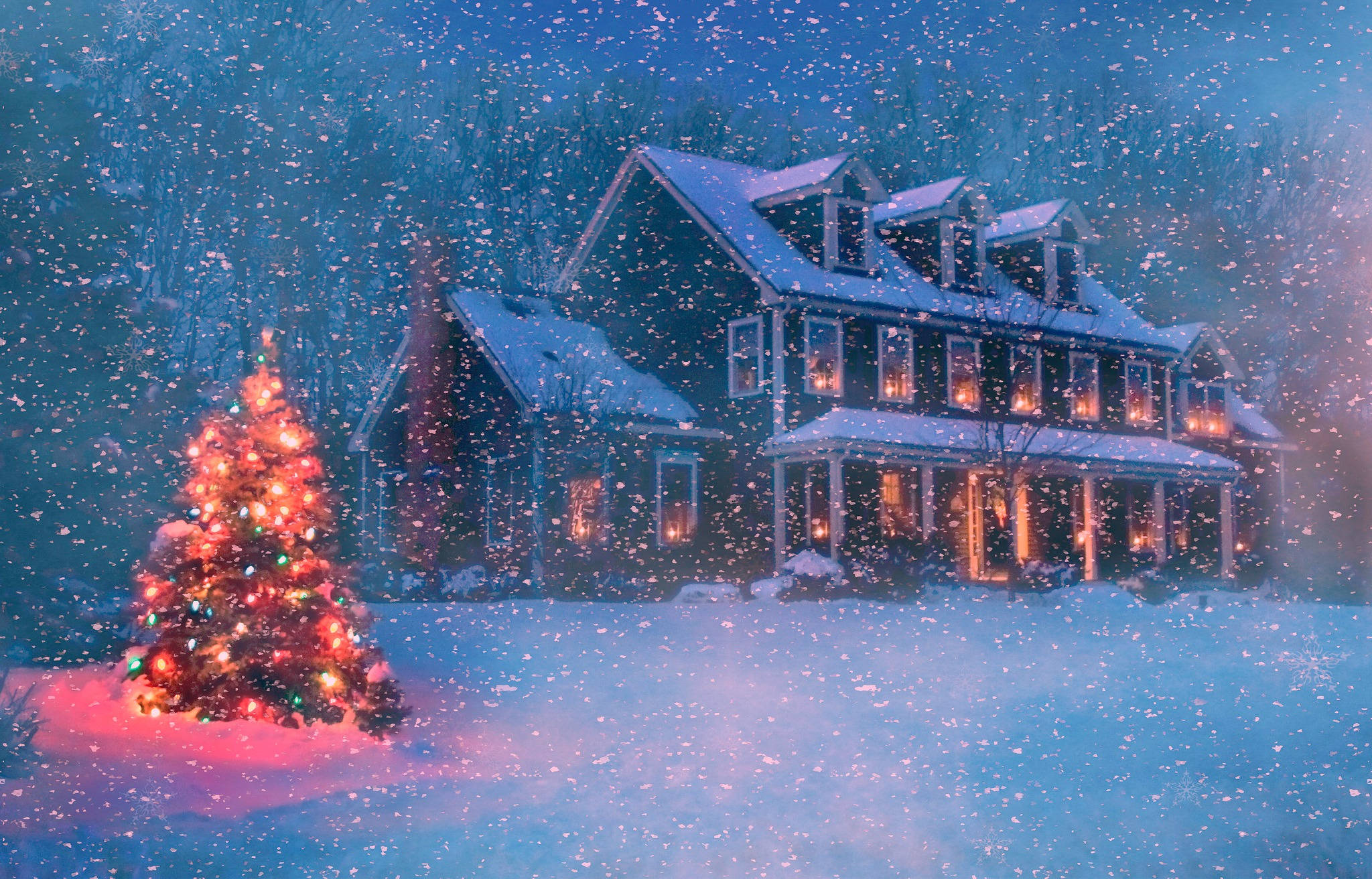 Winter Christmas Blizzard House, snow-covered house, night, Full HD Desktop Wallpaper