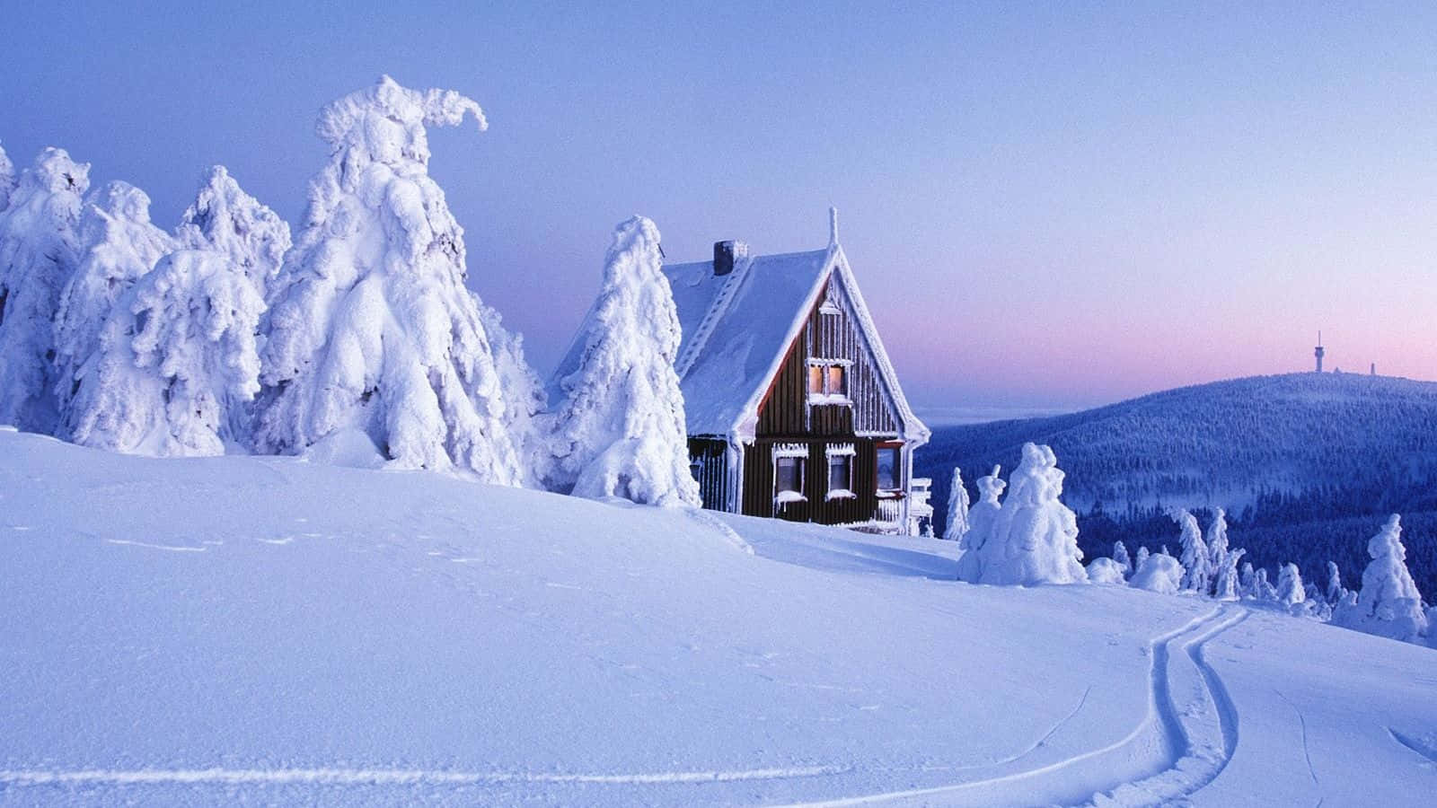 winter snow desktop, wooden cabin, snow-covered mountain forest, HD Desktop Wallpaper