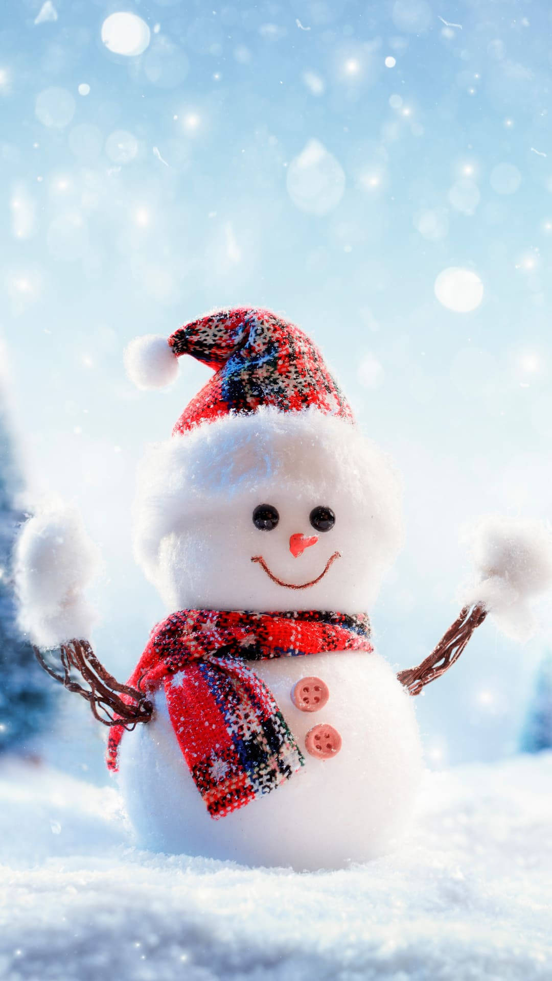 snowman, red plaid hat, red plaid scarf, Full HD Phone Wallpaper