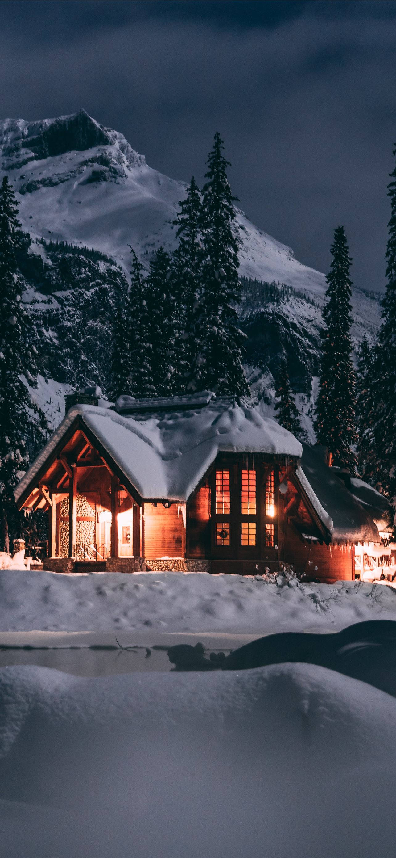 snow cabin, winter iPhone, snowy night sky, 2K Phone Wallpaper