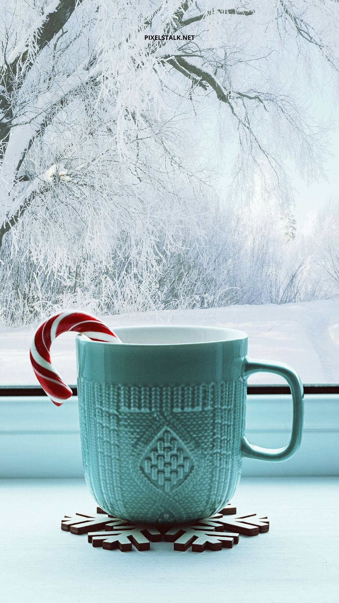 teal knitted mug, candy cane, snowflake coaster, Full HD Phone Wallpaper