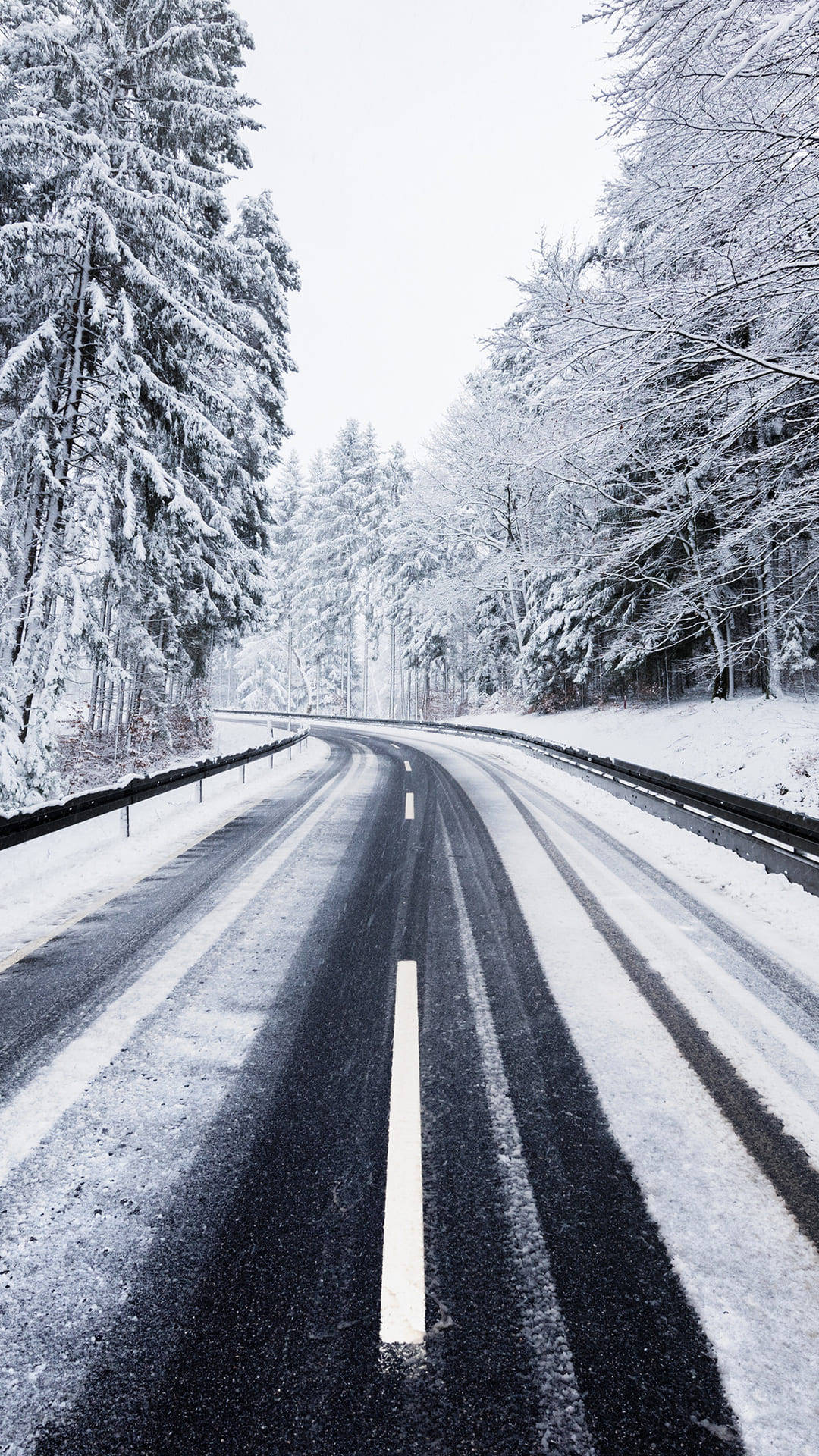 long white road, winter forest, snow-covered trees, Full HD Phone Wallpaper