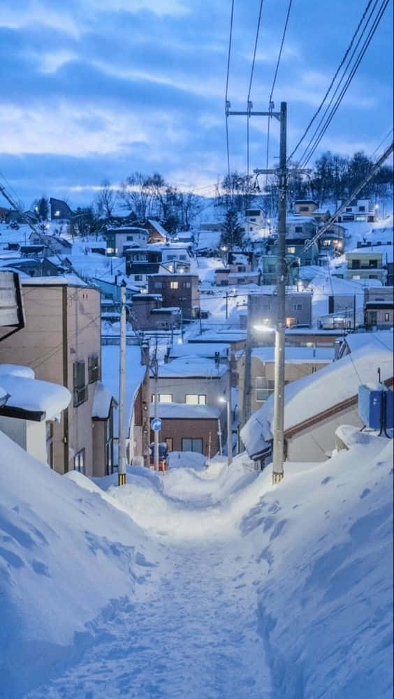 snow-covered street, quiet village, twilight sky, SD Phone Wallpaper