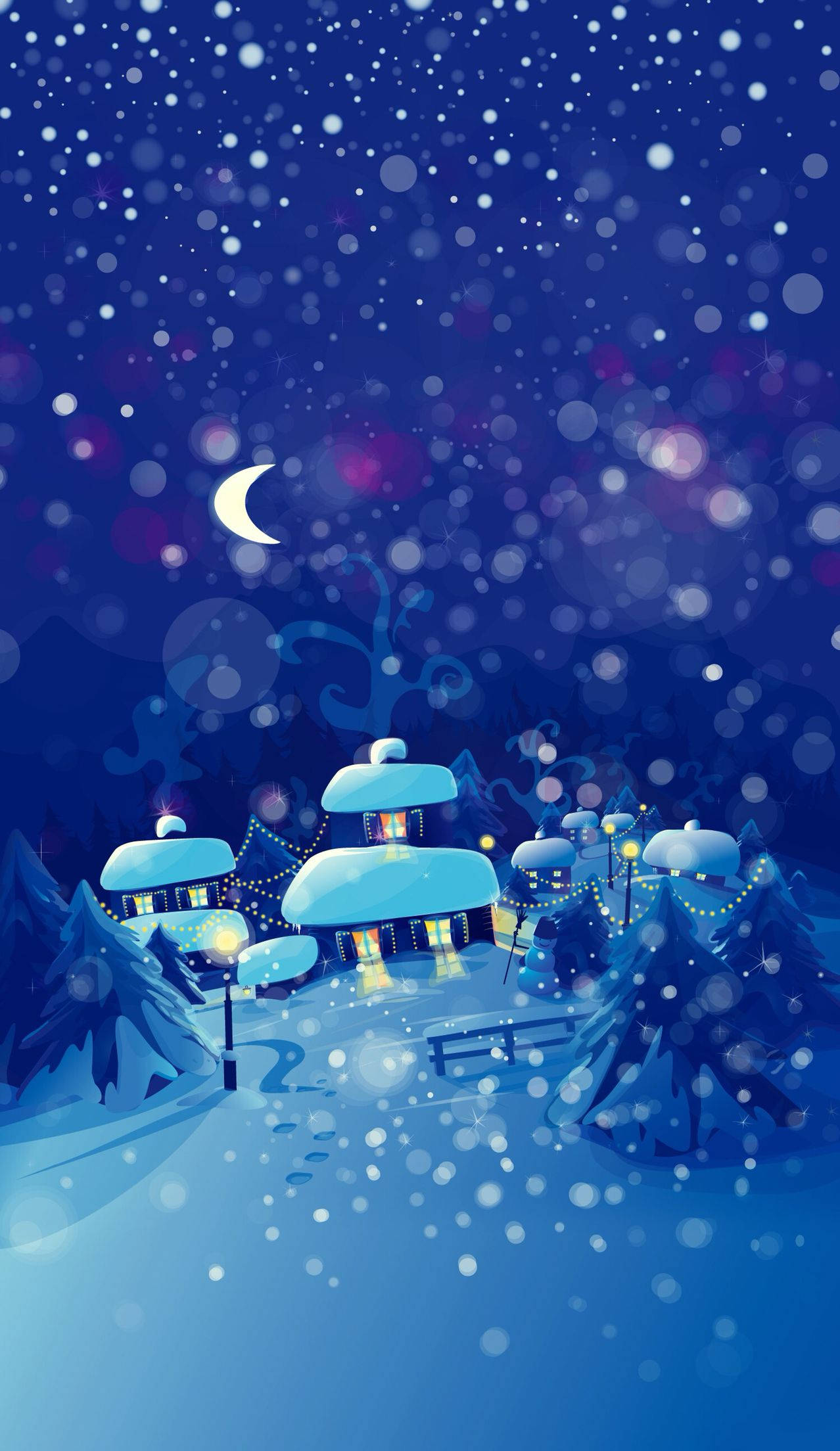 crescent moon, starry night sky, snow-covered village, Full HD Phone Wallpaper