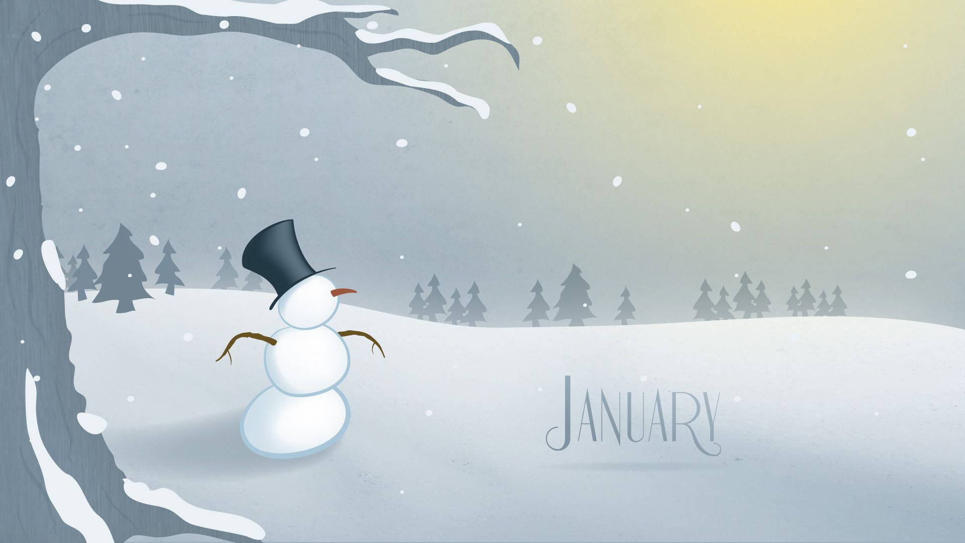 cartoon snowman, top hat, snowy winter landscape, Full HD Desktop Wallpaper