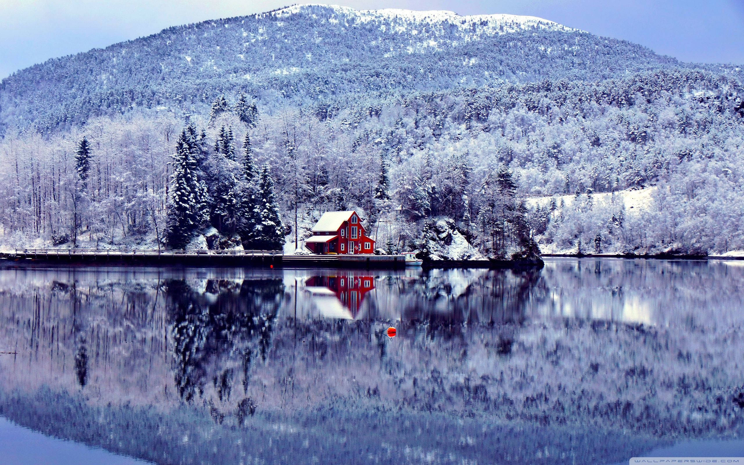 lakeside cabin, snow-covered lakeshore, calm waters, 2K Desktop Wallpaper
