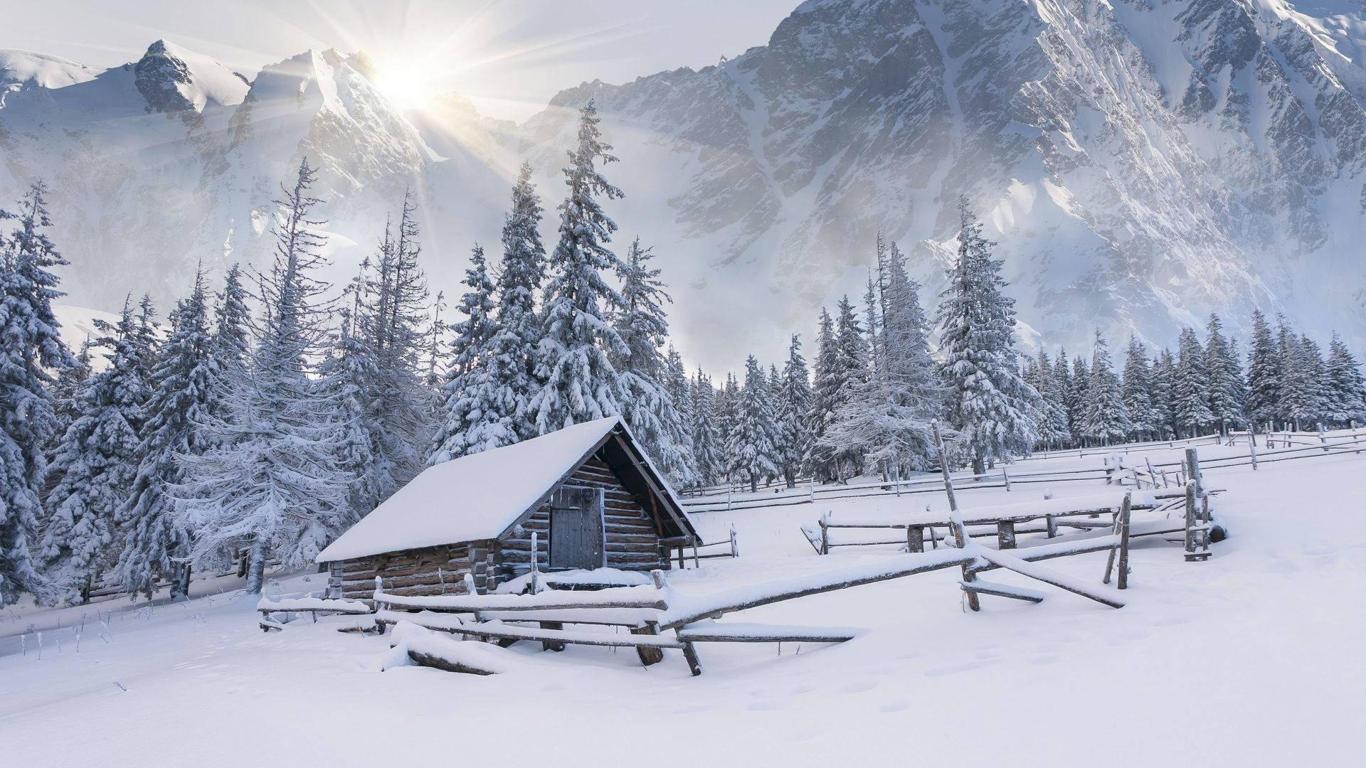 winter hut, snow-covered wooden cabin, winter forest, Full HD Desktop Wallpaper