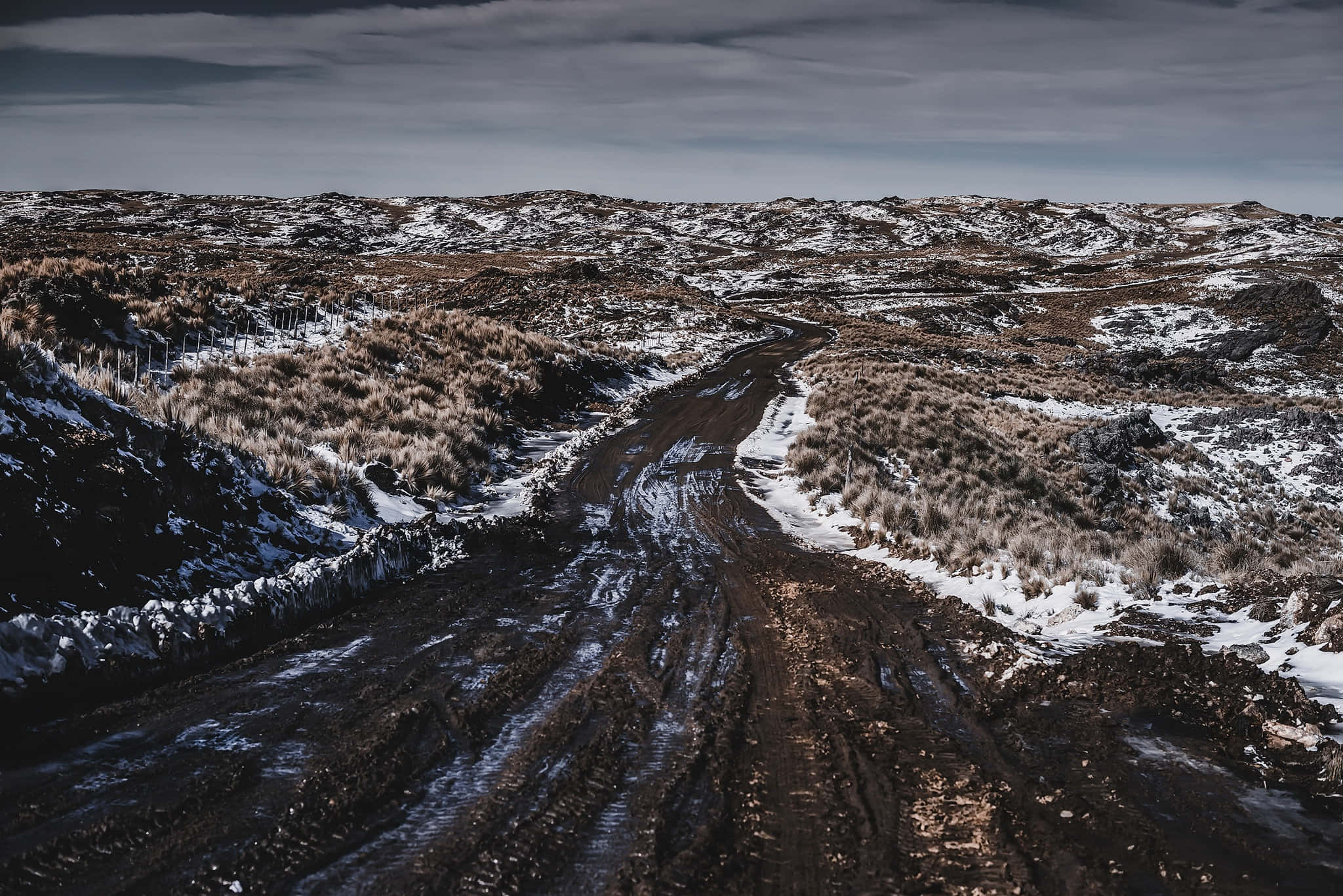 winter landscape, muddy road, snowy, Full HD Desktop Wallpaper