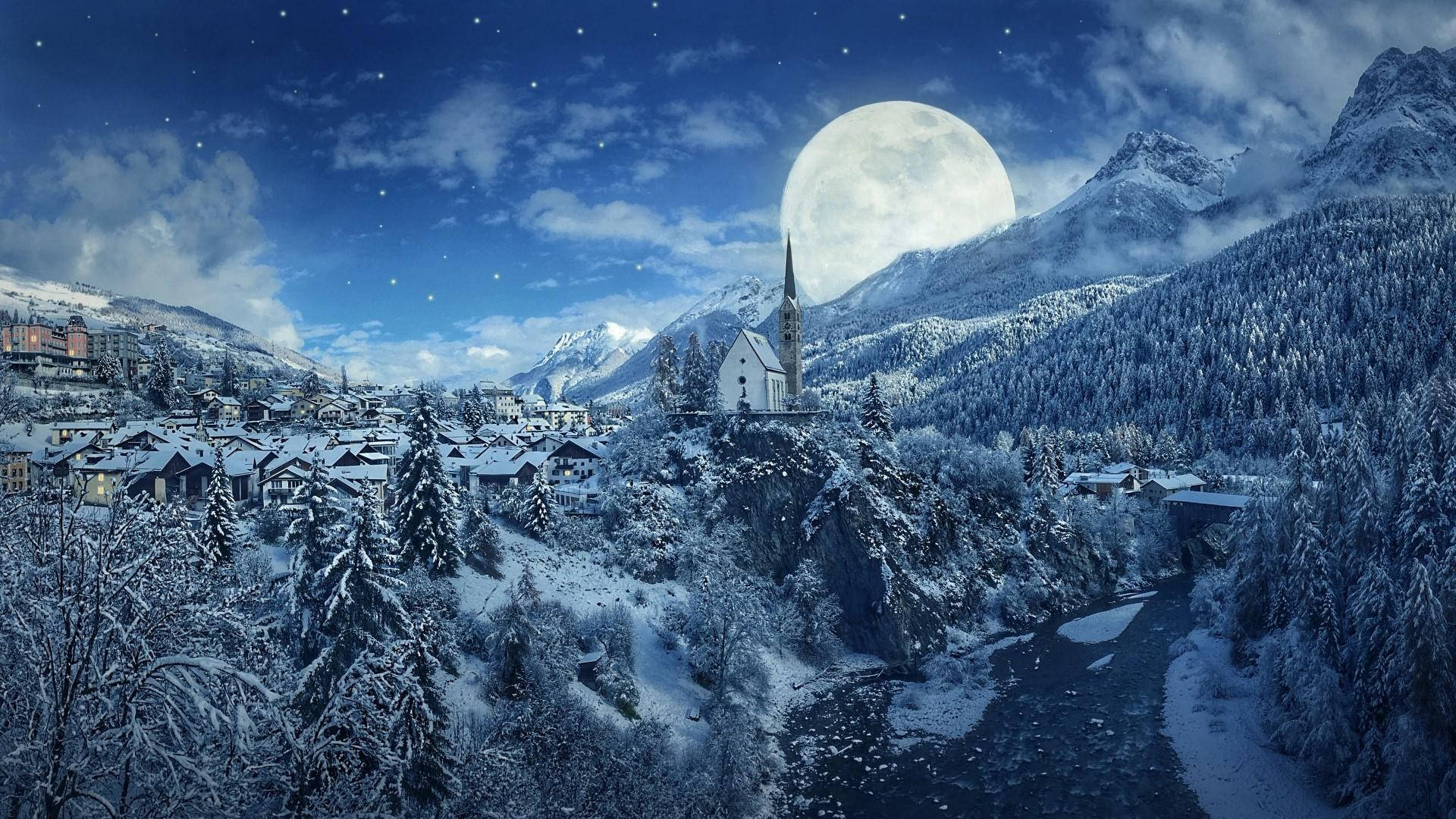 fantasy full moon winter landscape, snow-covered mountain village, giant moon, Full HD Desktop Wallpaper