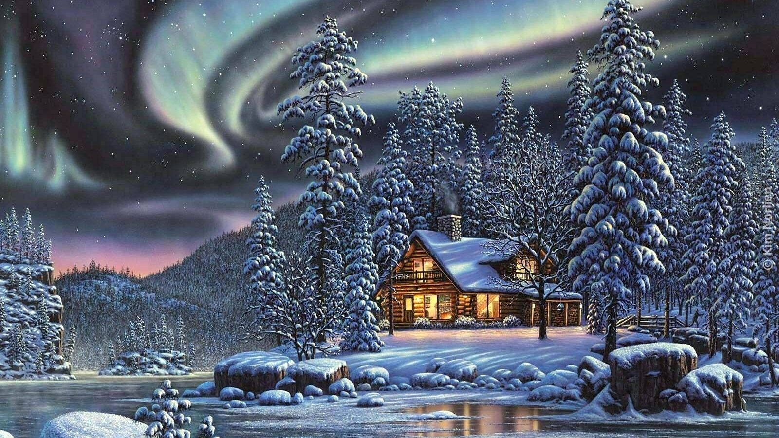 northern lights, winter landscape, wooden cabin, HD Desktop Wallpaper