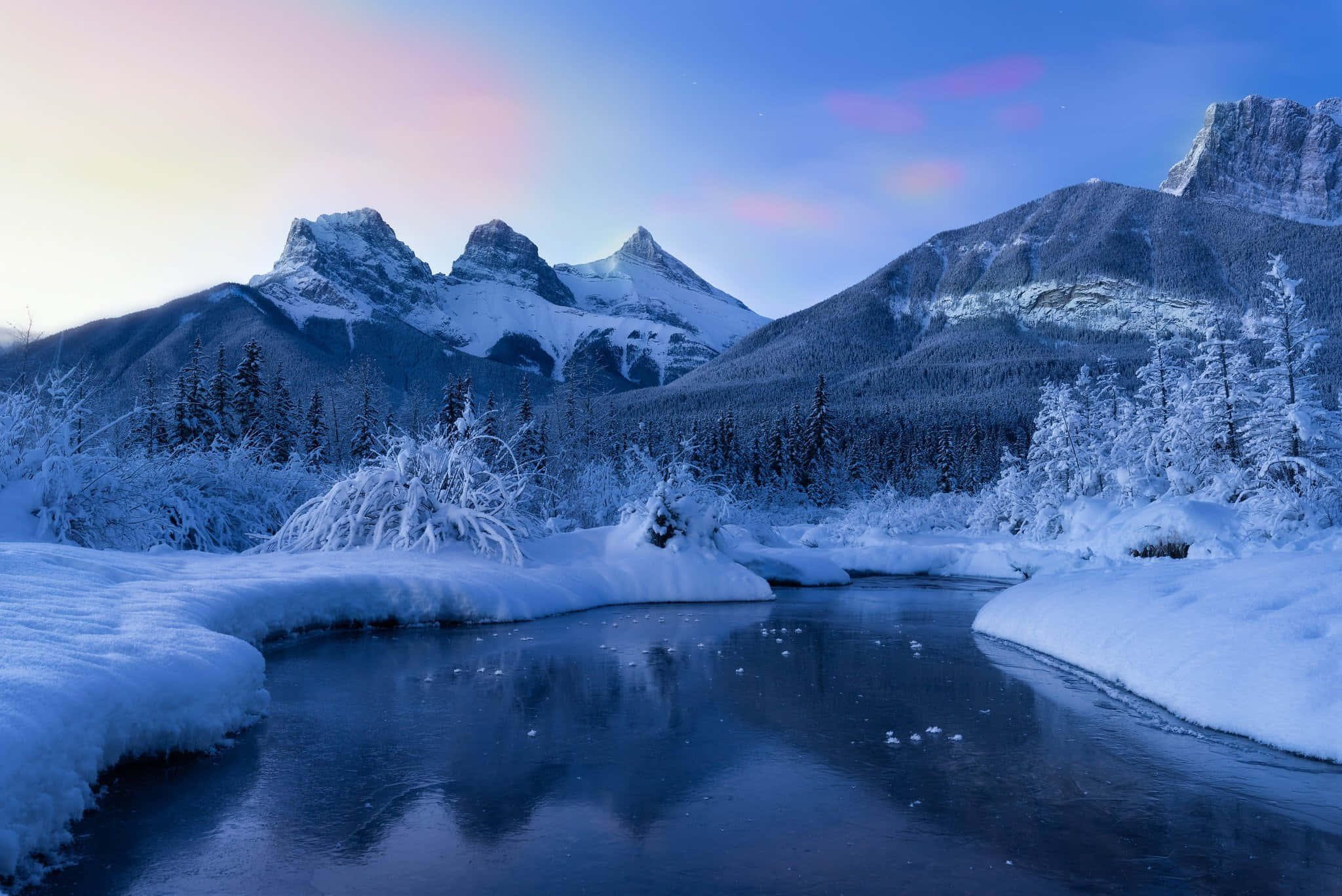 pristine winter wonderland, snow-covered mountains, frozen river, Full HD Desktop Wallpaper