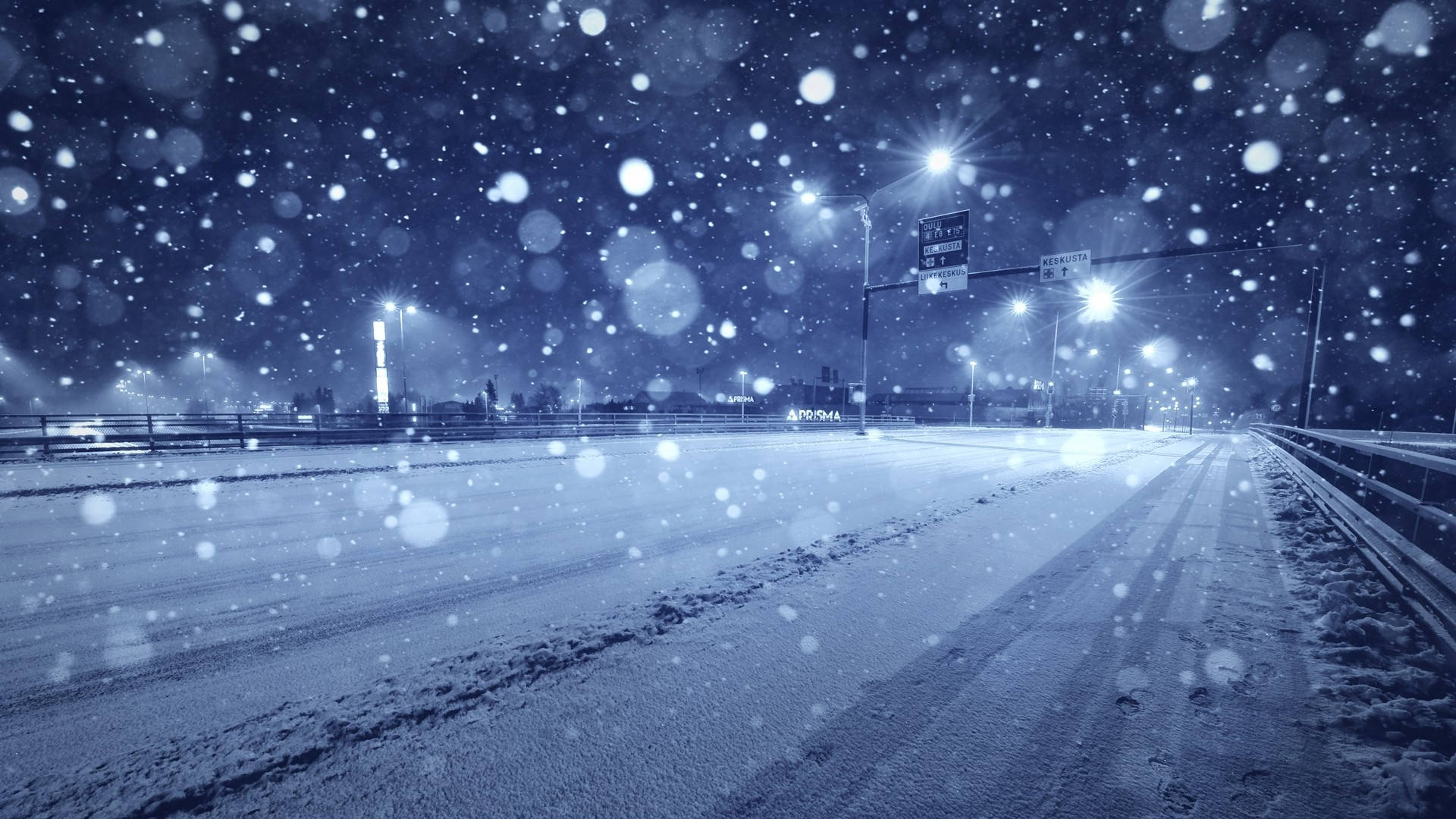 1920x1080, blue-tinted night, snow-covered highway, Full HD Desktop Wallpaper