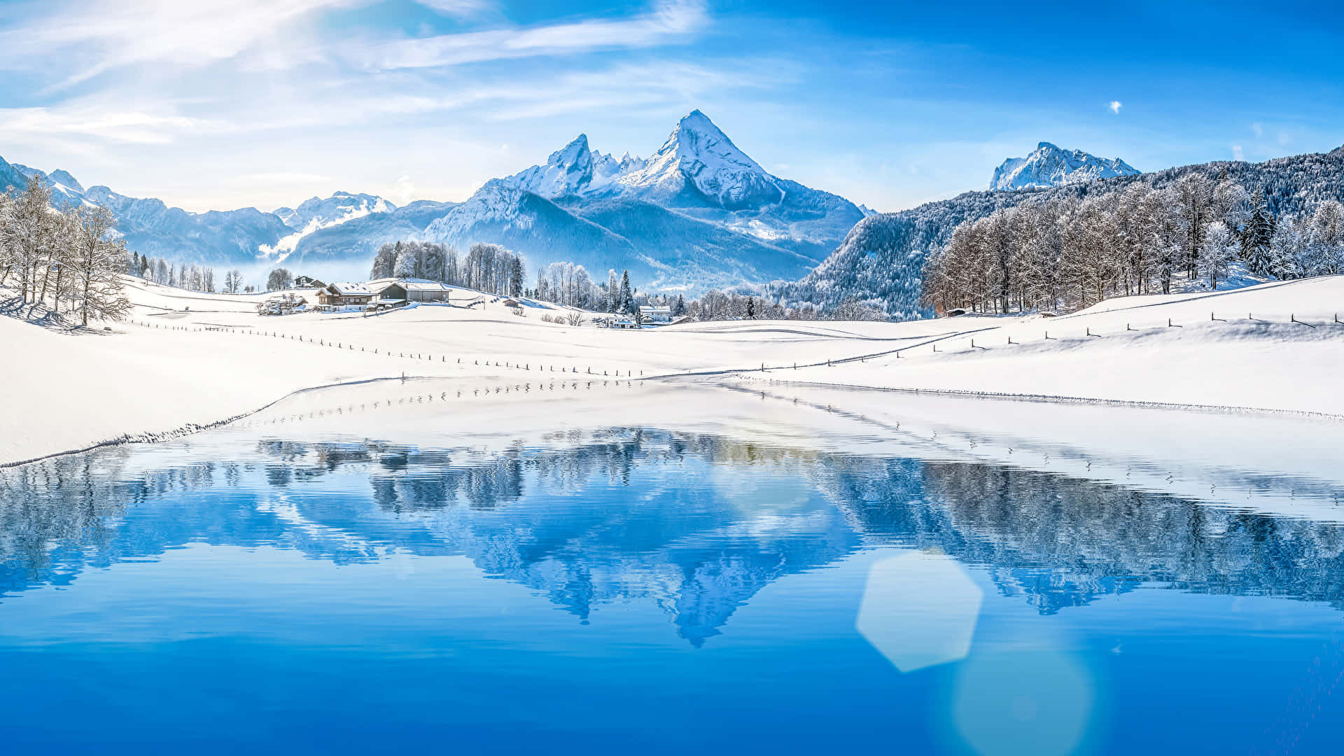 Winter Landscape, snowy mountains, calm blue lake, Full HD Desktop Wallpaper