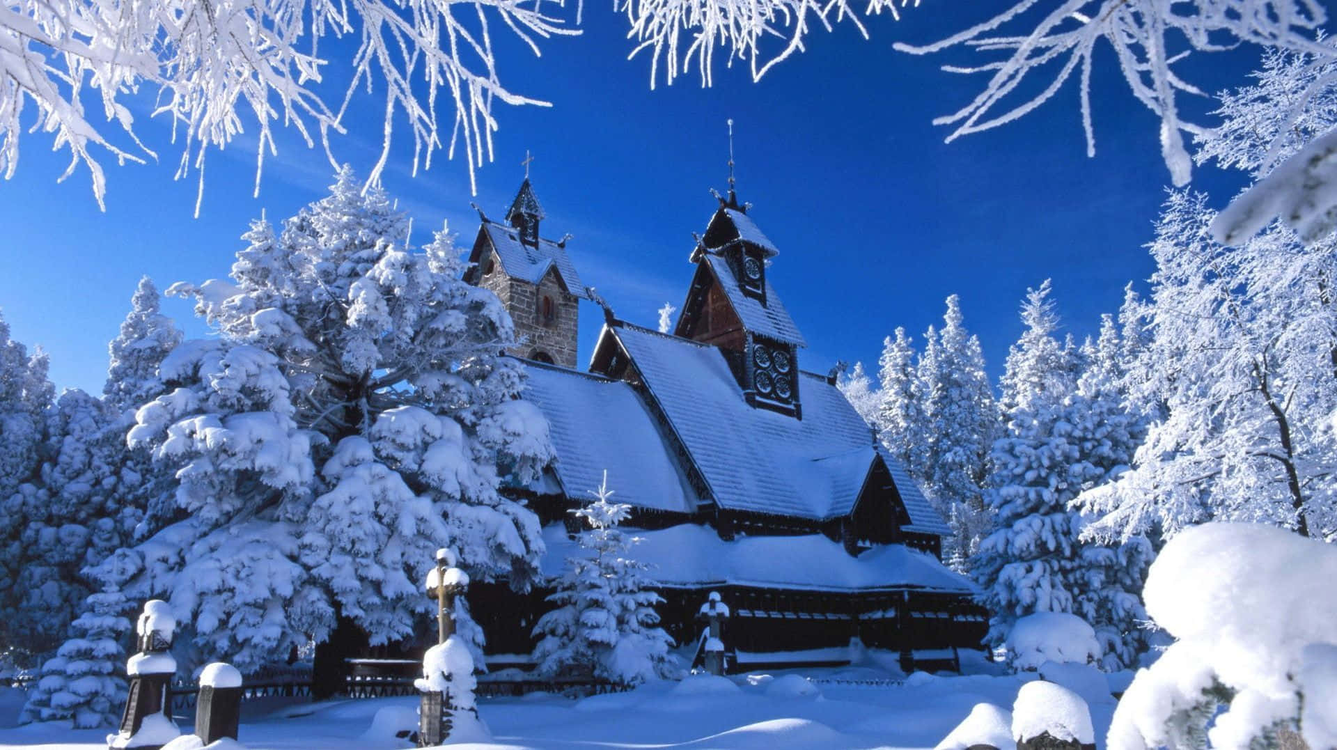 Church In Winter Scenery Desktop, snow-covered wooden church, intricate architecture, Full HD Desktop Wallpaper