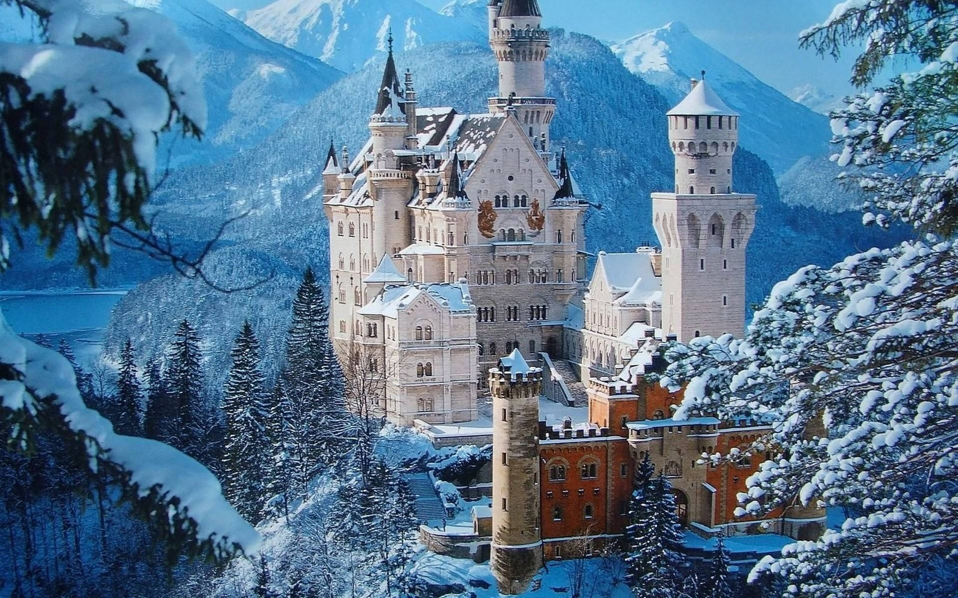 castle, snow-covered, hill, Full HD Desktop Wallpaper