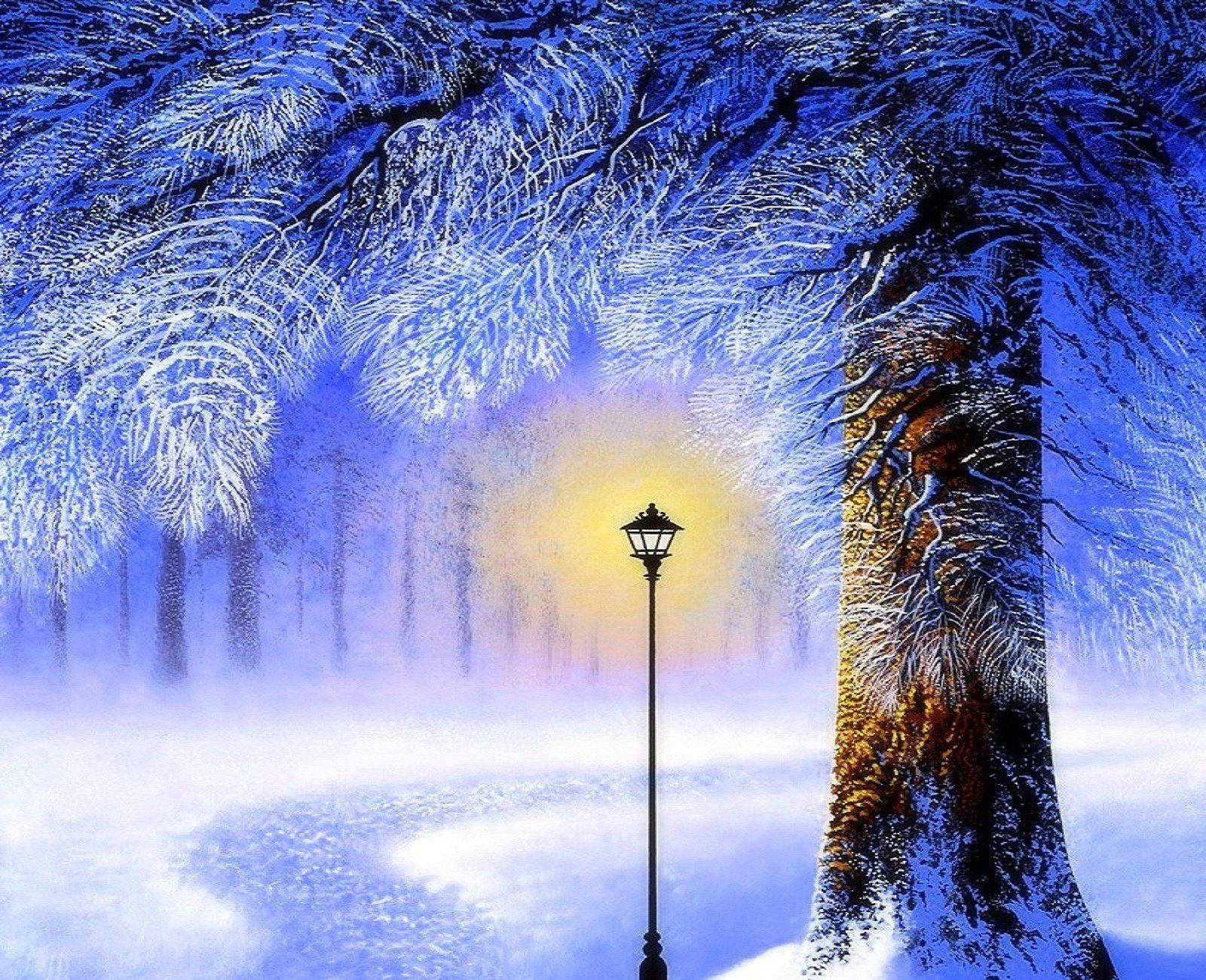 lamp post, winter forest, dusk, HD Desktop Wallpaper
