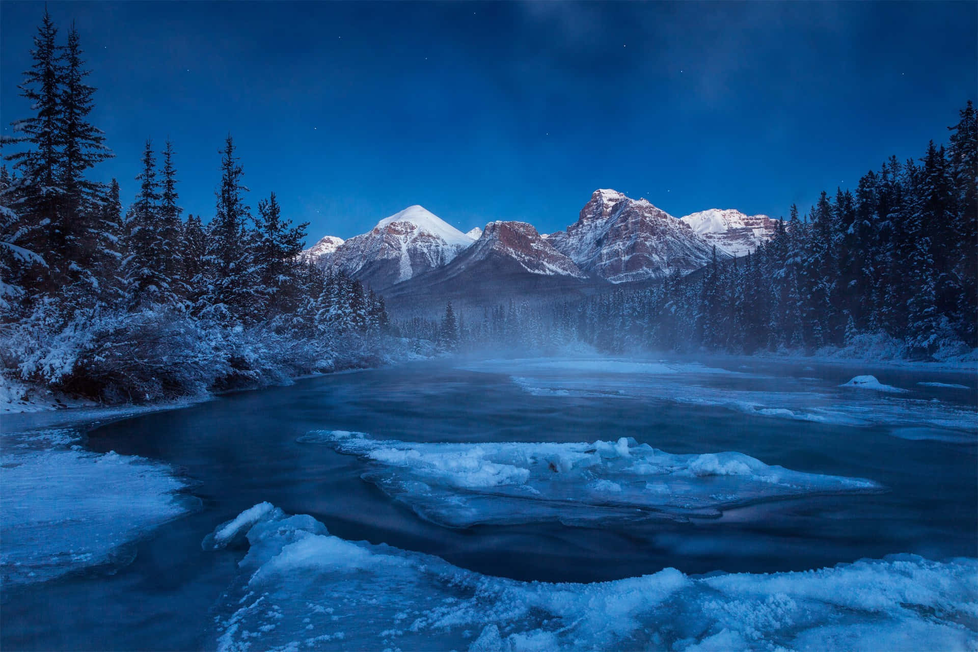 Winter Night Desktop, frozen river, snow-covered pine forests, Full HD Desktop Wallpaper