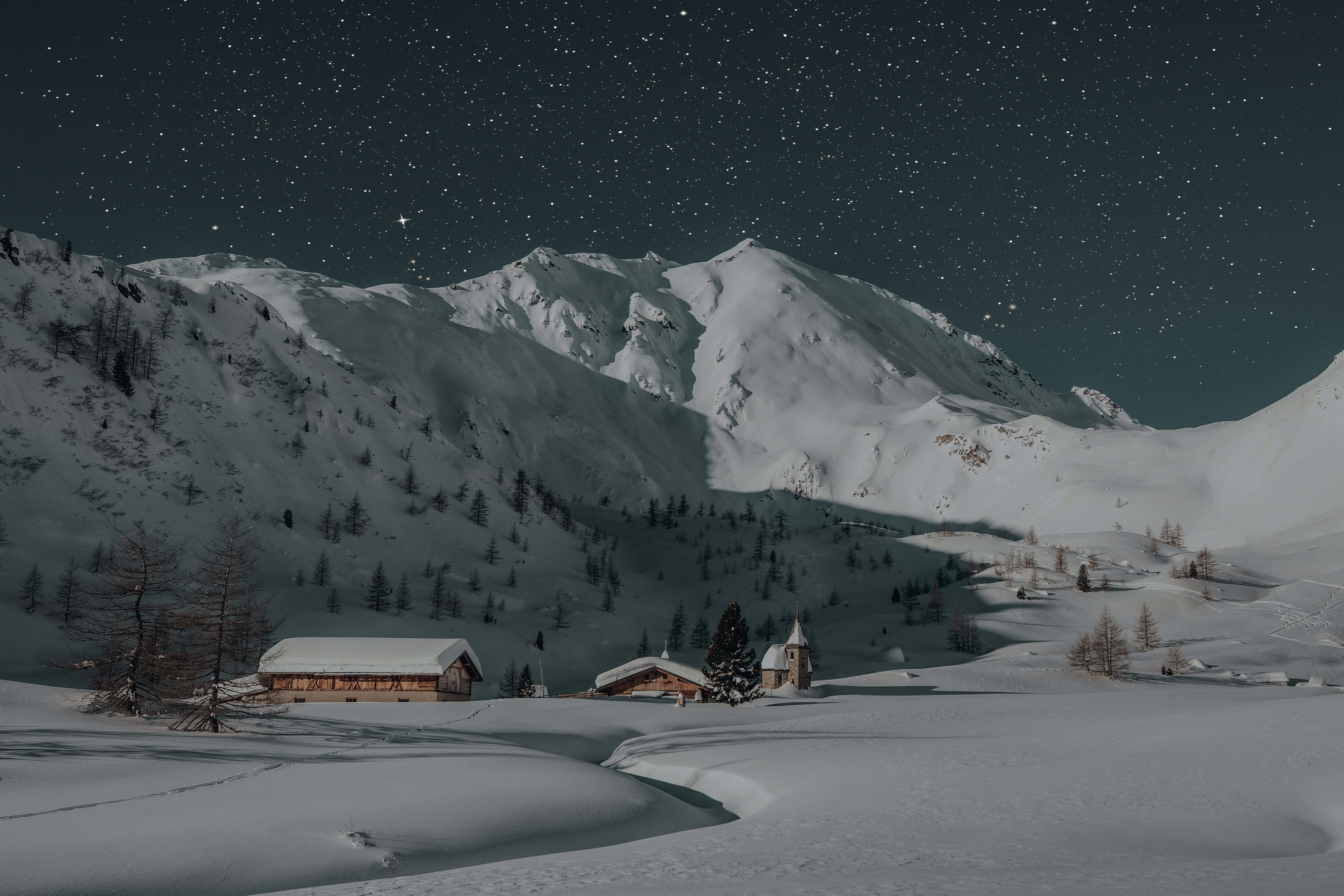 Winter Night Desktop, snowy mountain village, starry night sky, 5K Desktop Wallpaper