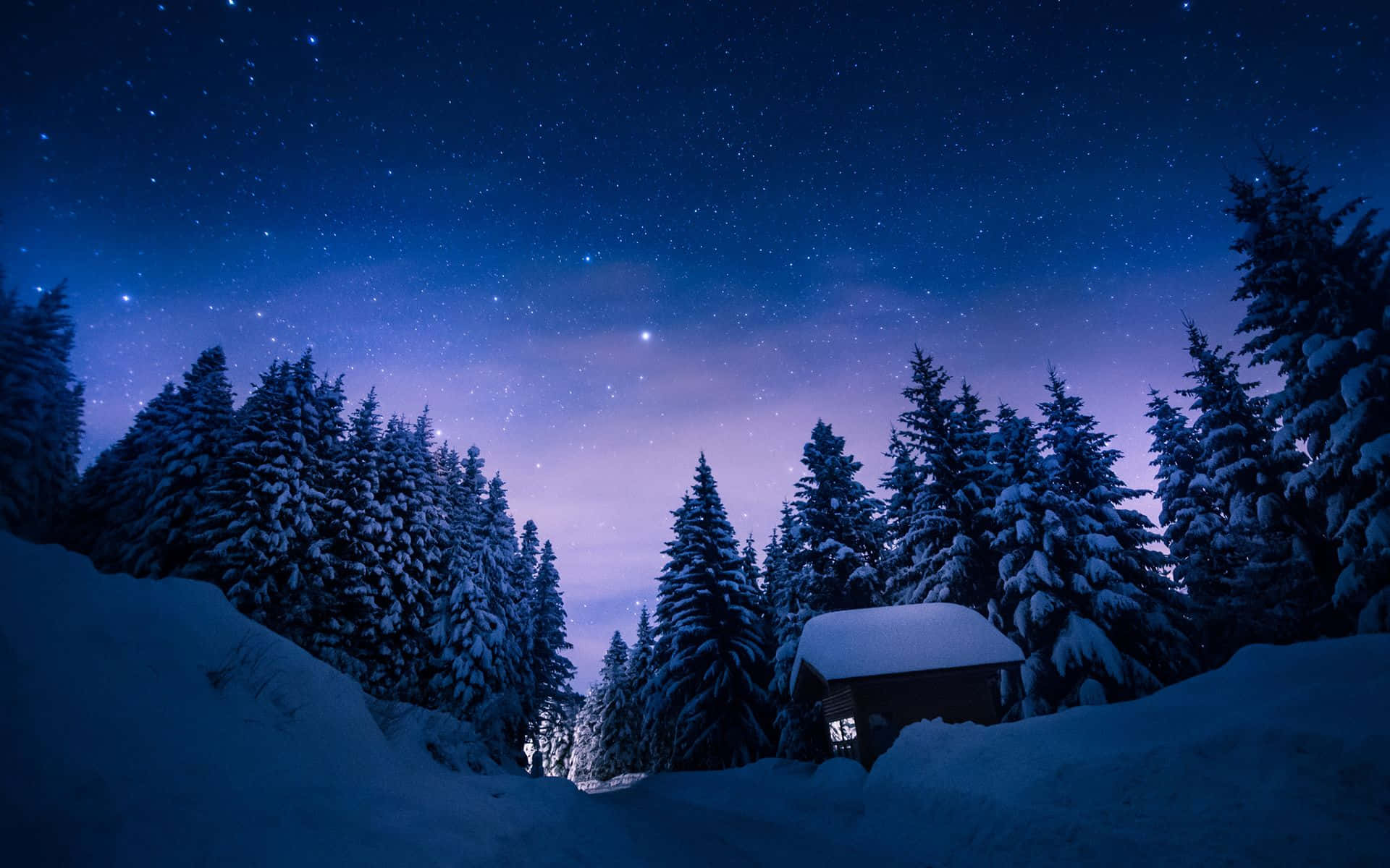 Winter Night Desktop, lonely cabin, snow-covered cabin, Full HD Desktop Wallpaper