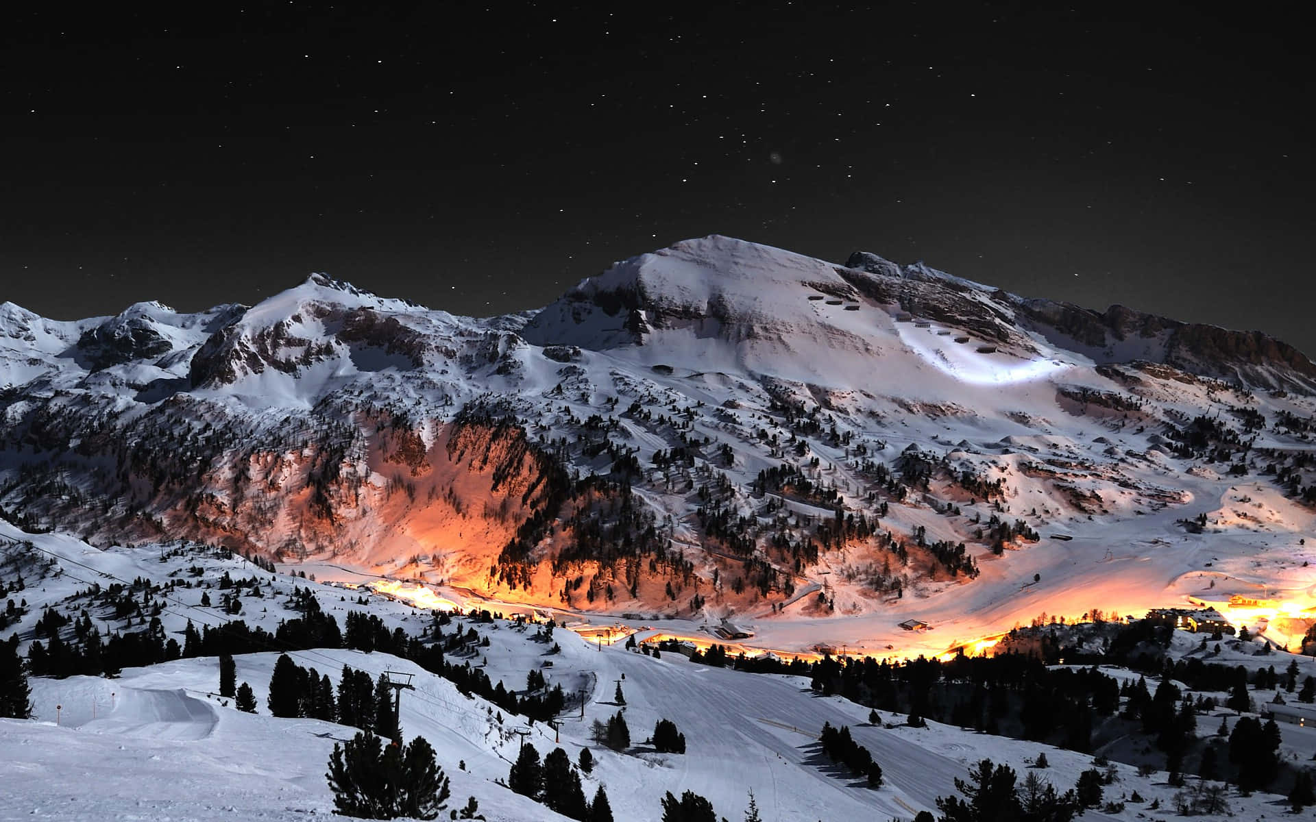 Winter Night Desktop, snowy mountain peaks, starry night sky, Full HD Desktop Wallpaper