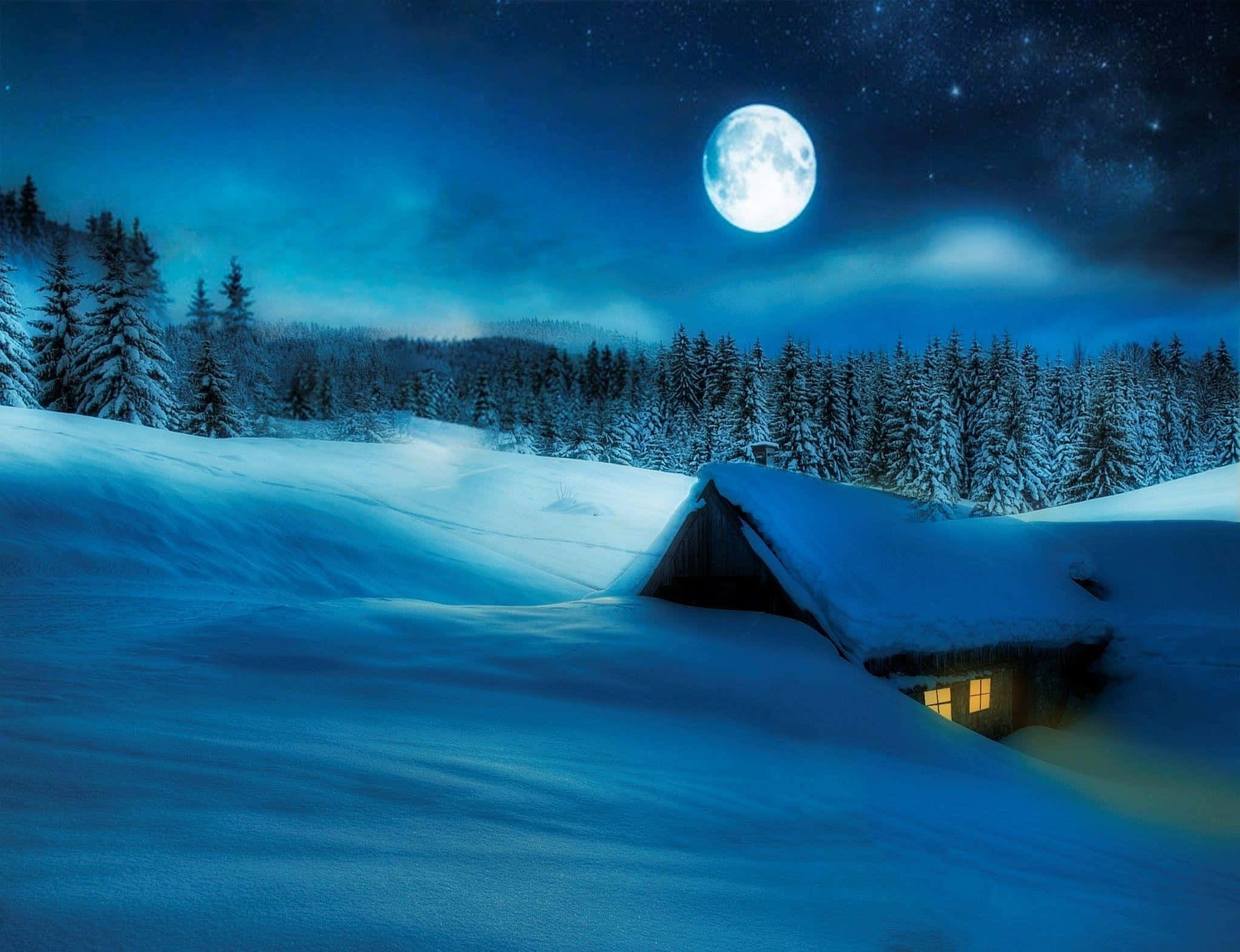 winter night desktop, snow-covered cabin, full moon, Full HD Desktop Wallpaper