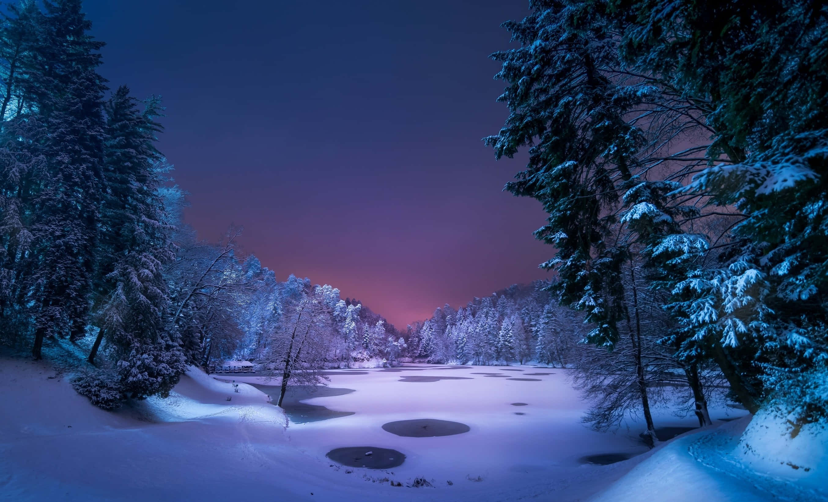 Winter Night Desktop, frozen lake, twilight, 2K Desktop Wallpaper
