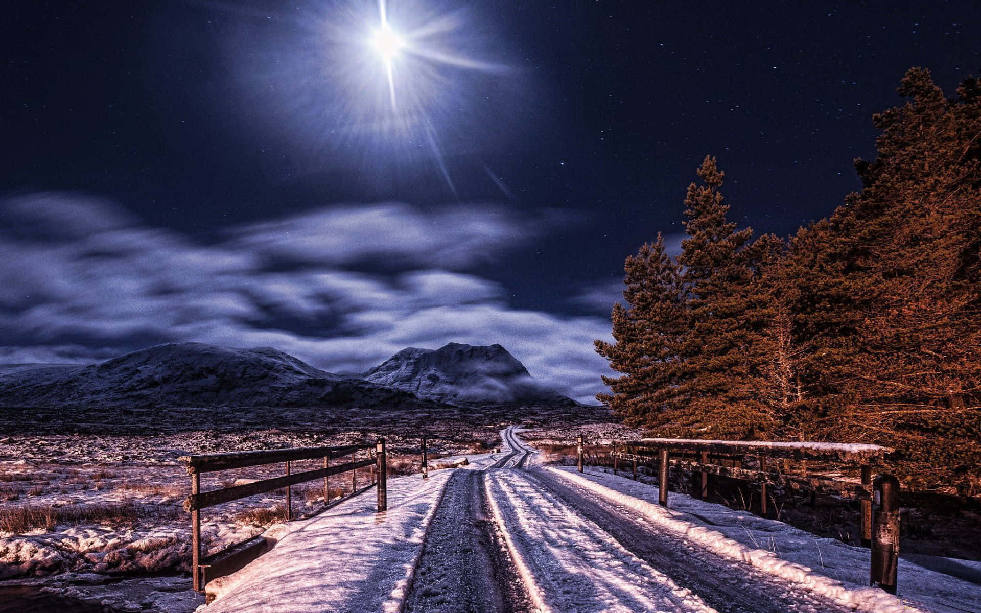 Winter Night Desktop, snow-covered road, winter landscape, Full HD Desktop Wallpaper
