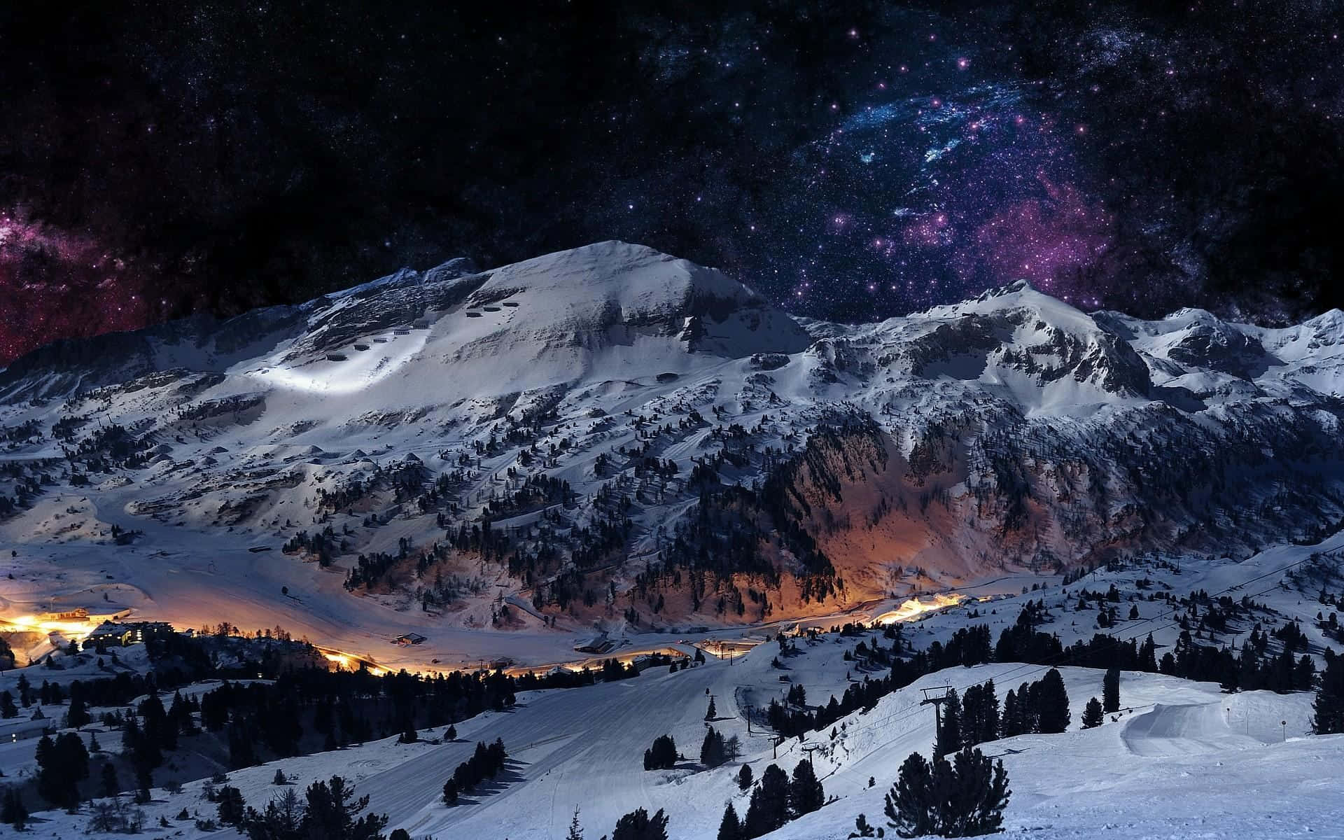 winter night desktop, snowy mountain peaks, vibrant starry night sky, Full HD Desktop Wallpaper