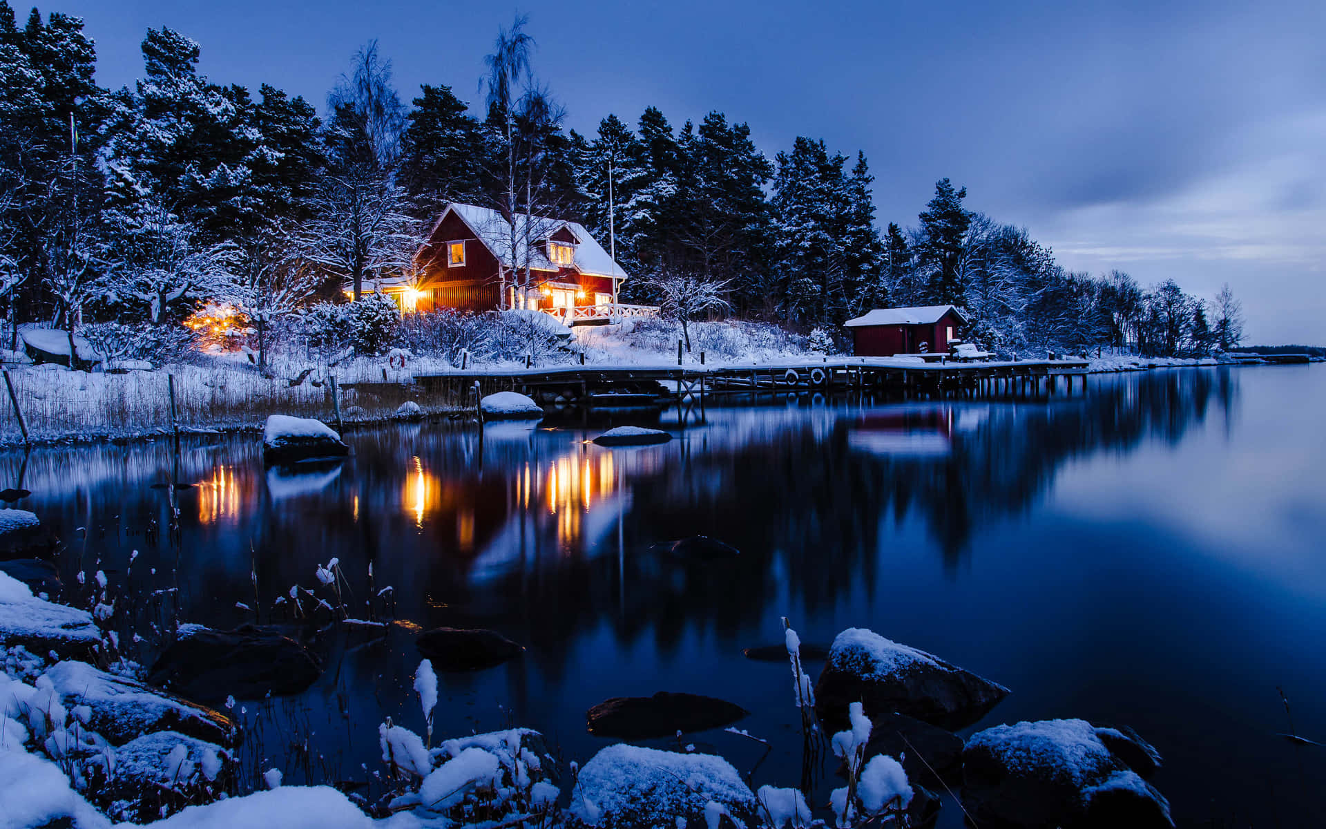 Winter Night Desktop, red cabin, snowy twilight, Full HD Desktop Wallpaper