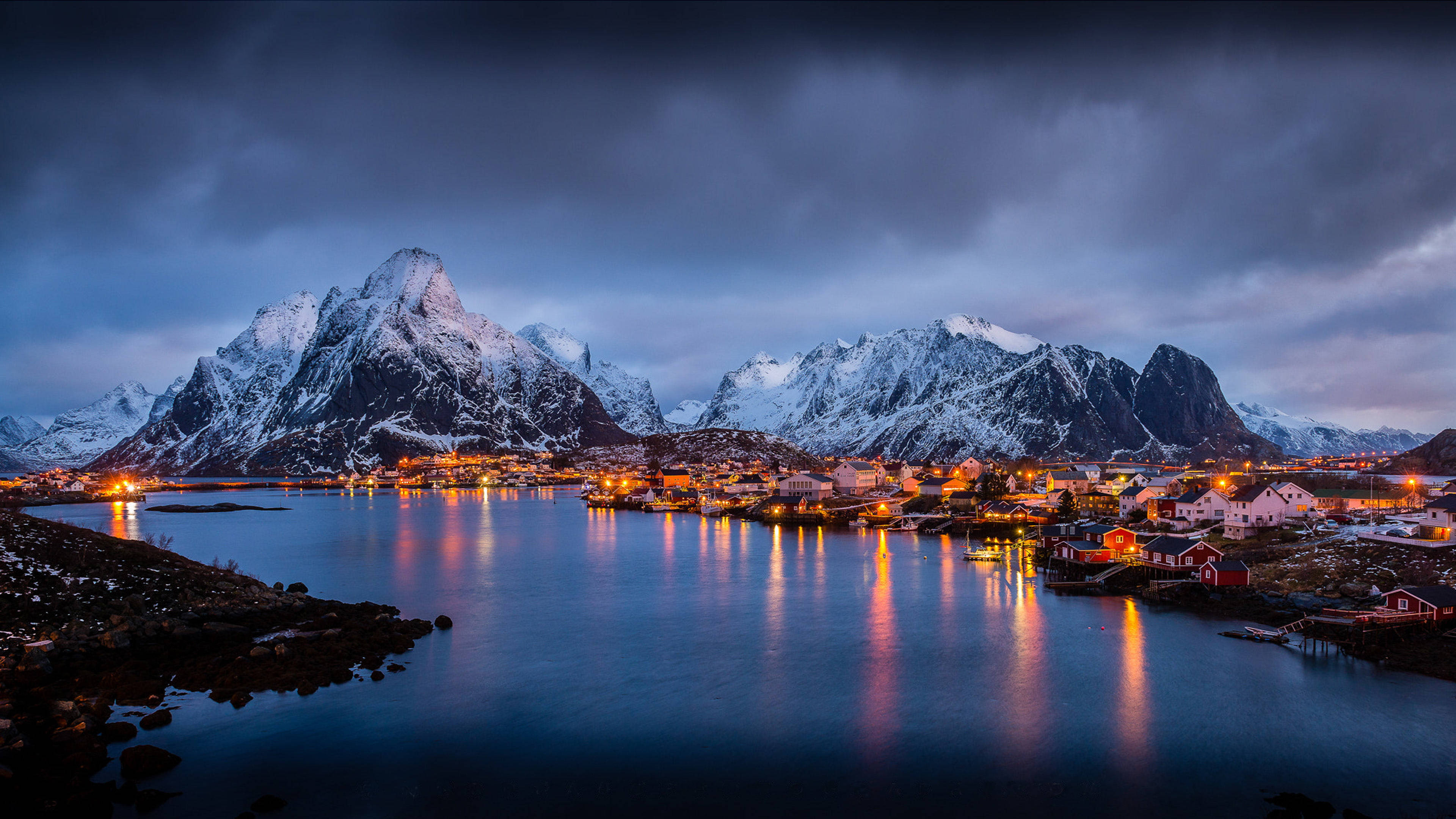 snowy mountains, mountain village, warm lights, 4K Desktop Wallpaper