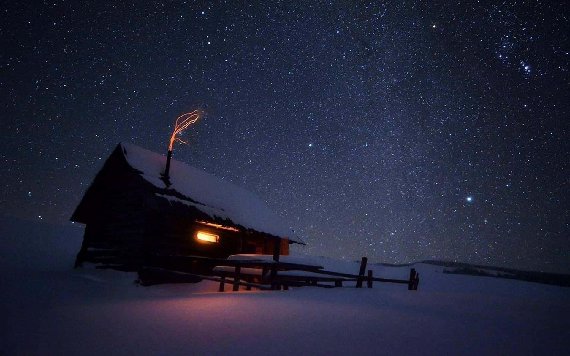 winter night sky, snow-covered wooden cabin, star-filled winter night sky, Full HD Desktop Wallpaper