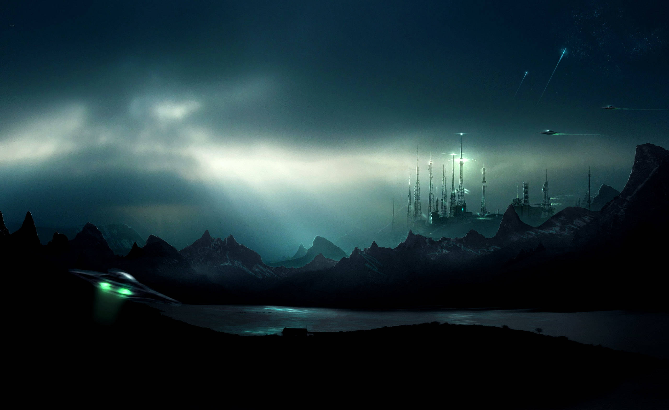 futuristic alien city, snow-capped mountains, stormy night sky, Full HD Desktop Wallpaper