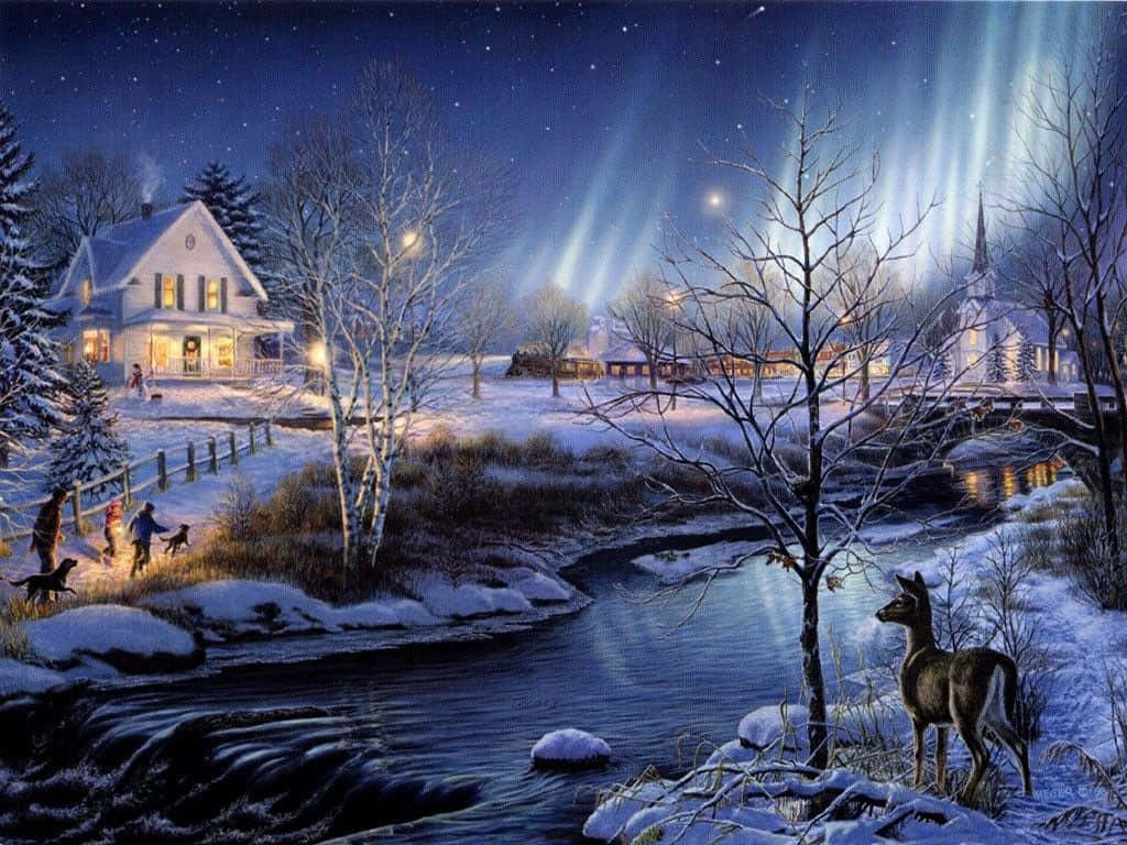 snowy village, deer, river, SD Desktop Wallpaper