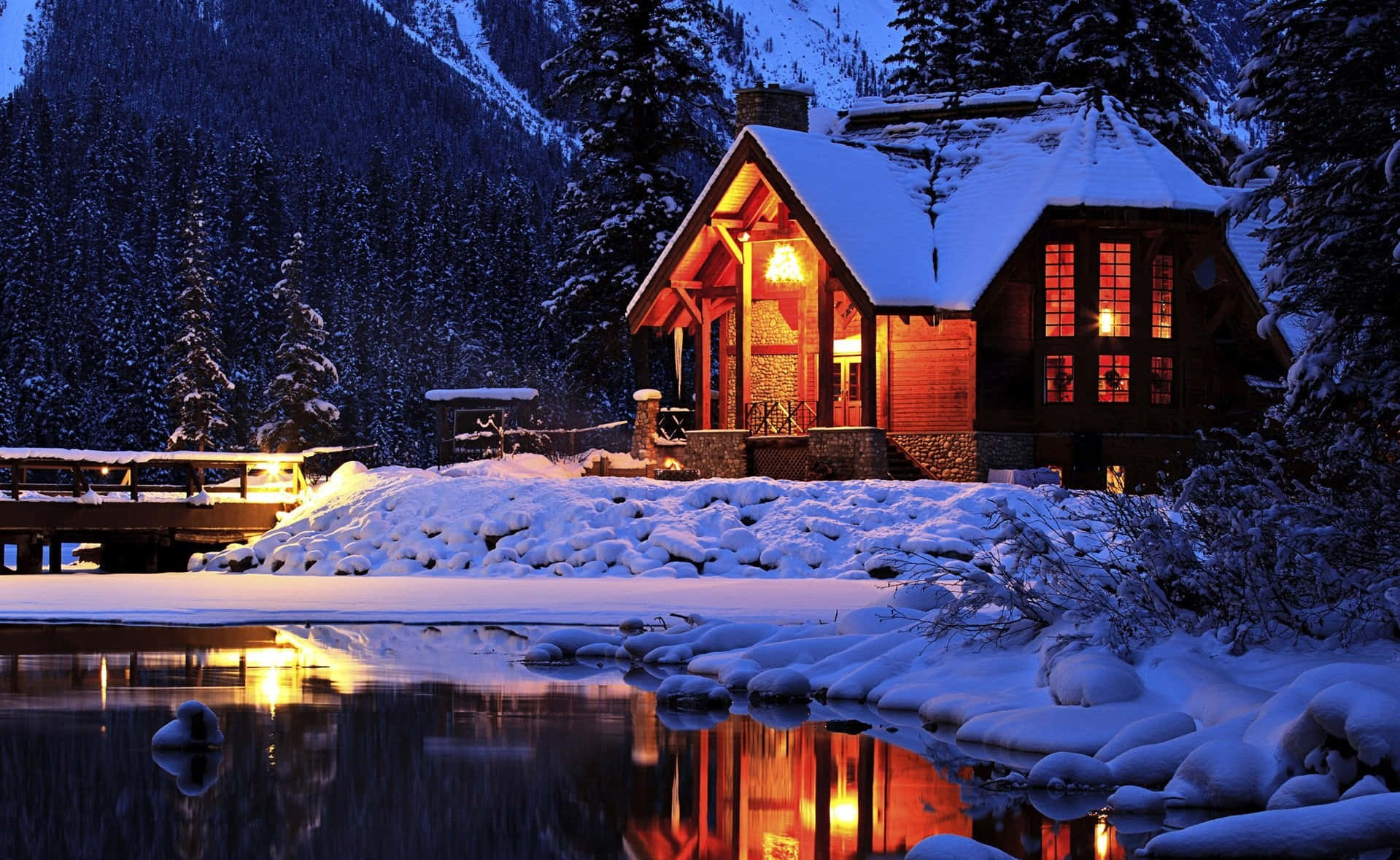 cabin, snow, night, HD Desktop Wallpaper