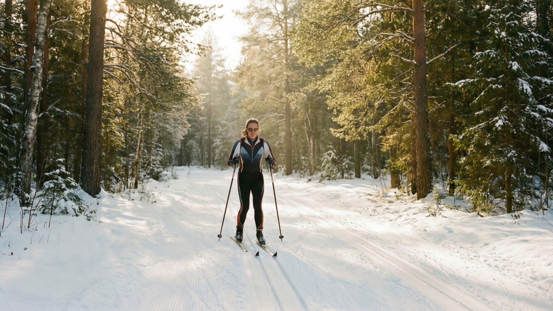cross country skiing, sunlit snowy trail, dense forest, Full HD Desktop Wallpaper