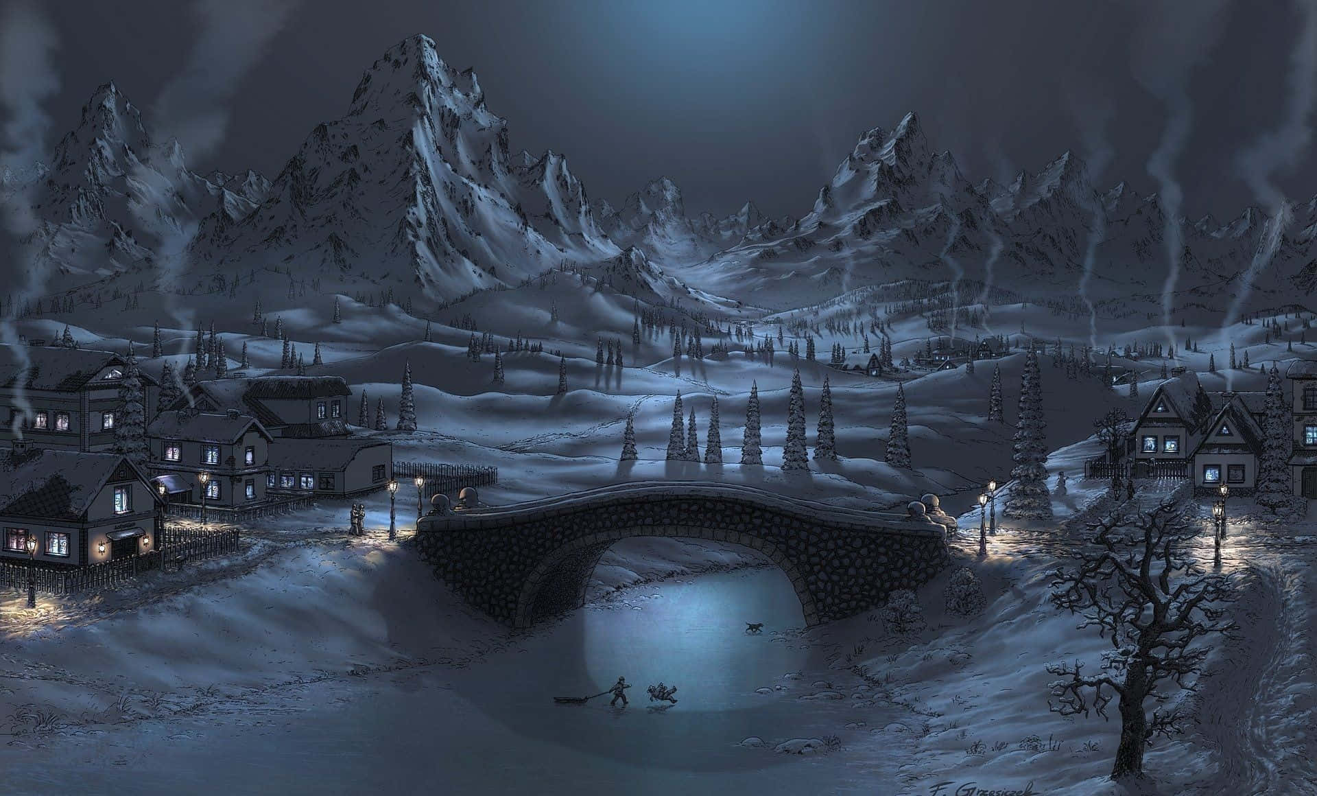 Winter Painting, snowy mountain village, glowing windows, Full HD Desktop Wallpaper
