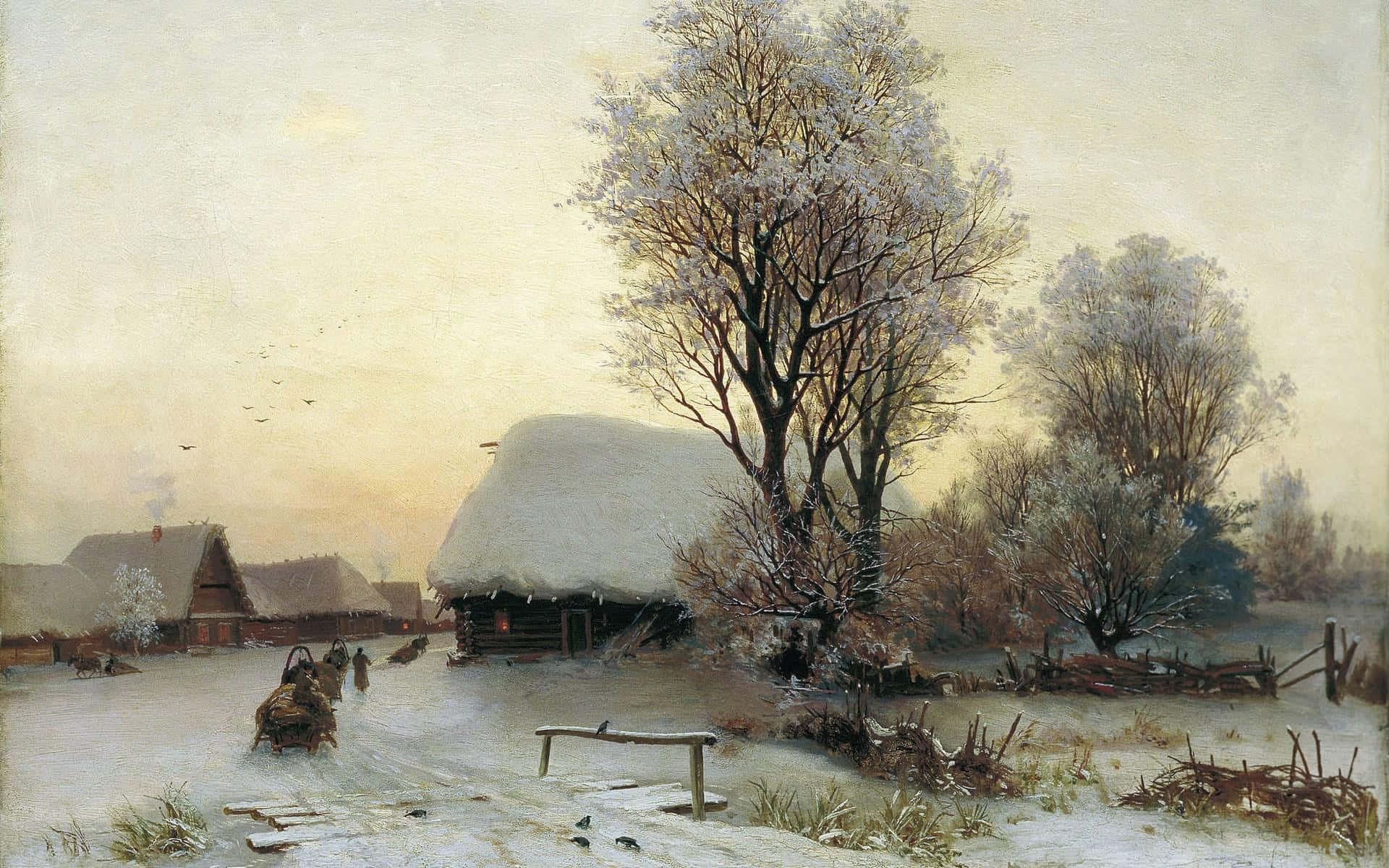 Winter Painting, snow-covered log cabins, bare trees, Full HD Desktop Wallpaper