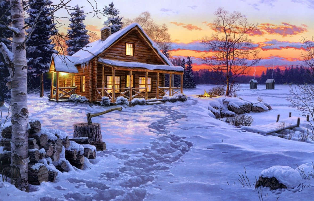 Winter Painting, snow-covered log cabin, vibrant winter sunset, HD Desktop Wallpaper
