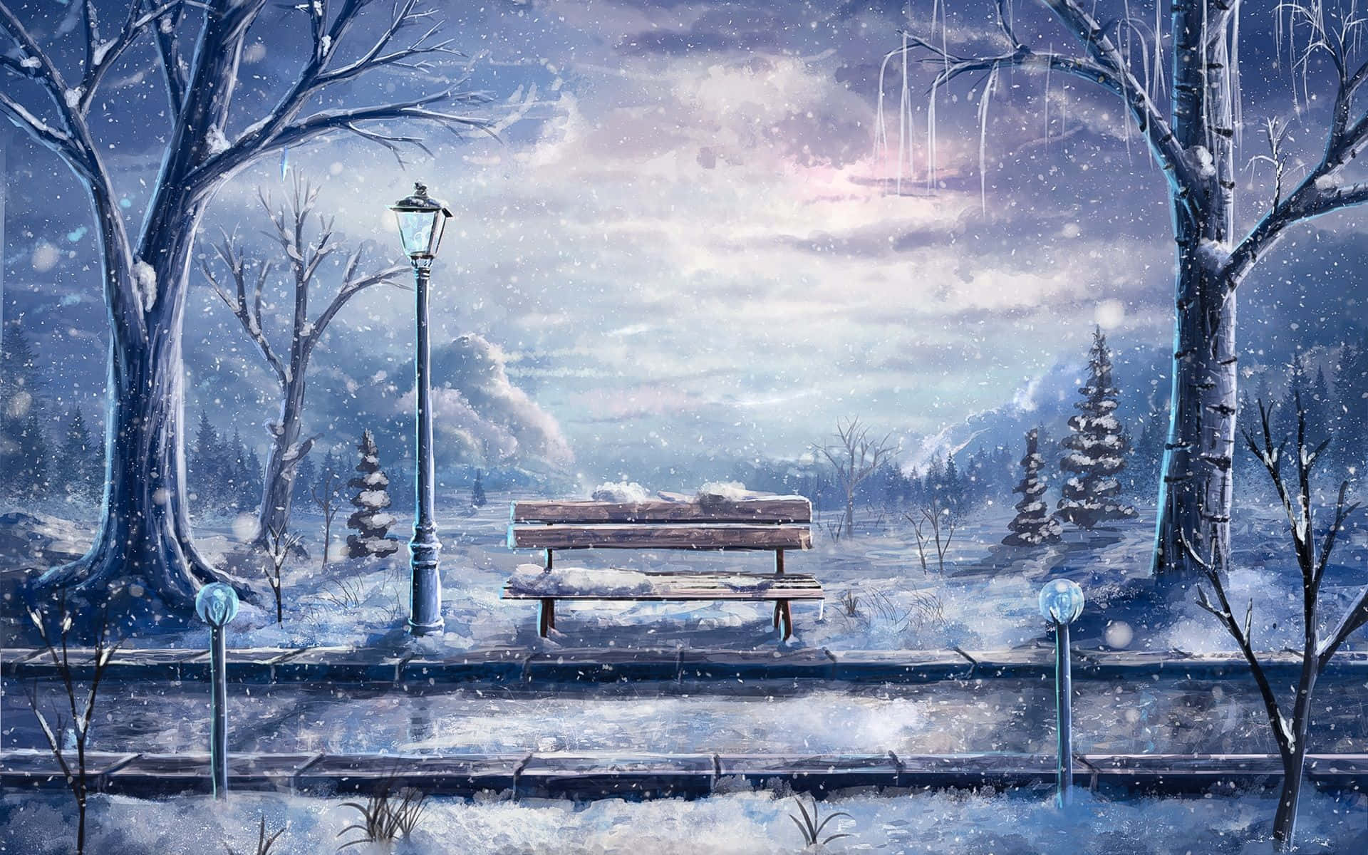Winter Painting, snow-covered park bench, falling snowflakes, Full HD Desktop Wallpaper