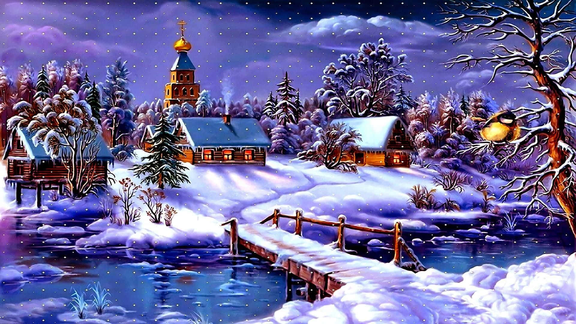 Winter Painting, snowy winter village, glowing windows, Full HD Desktop Wallpaper