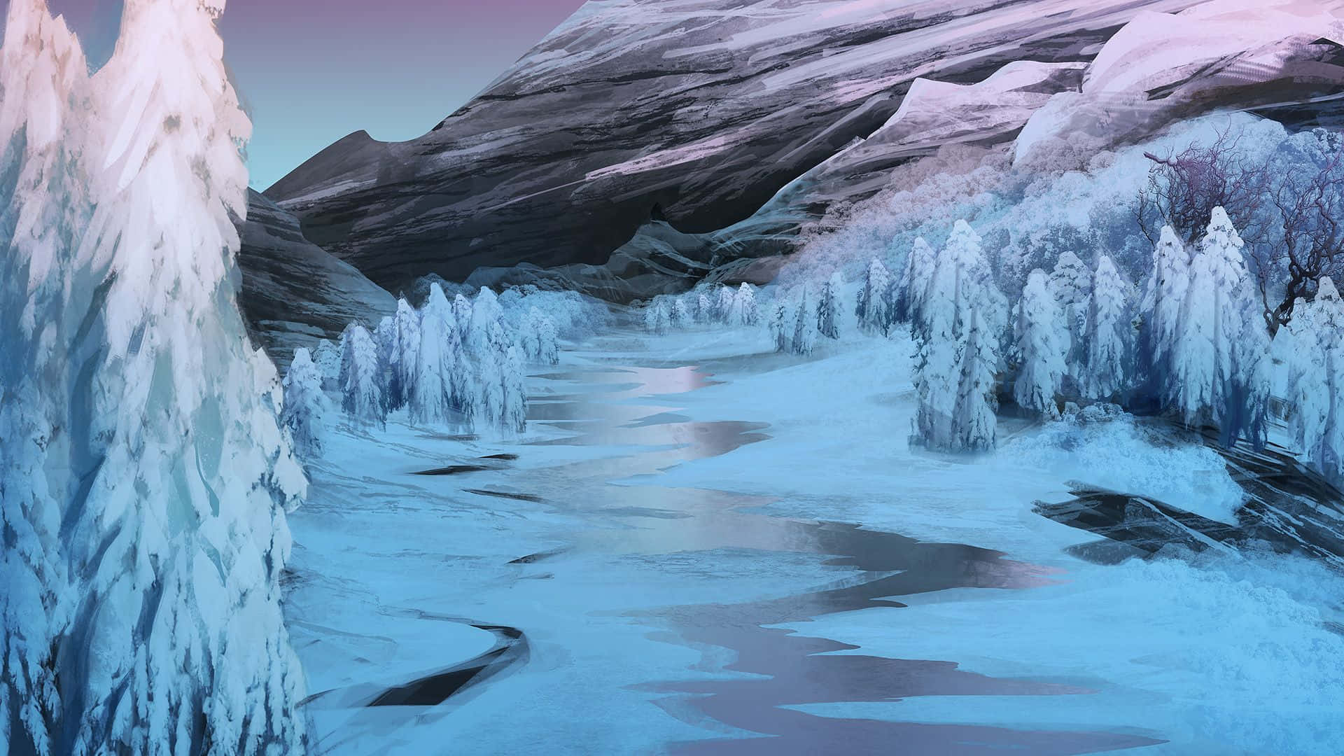 Winter Painting, frozen valley, icy trees, Full HD Desktop Wallpaper