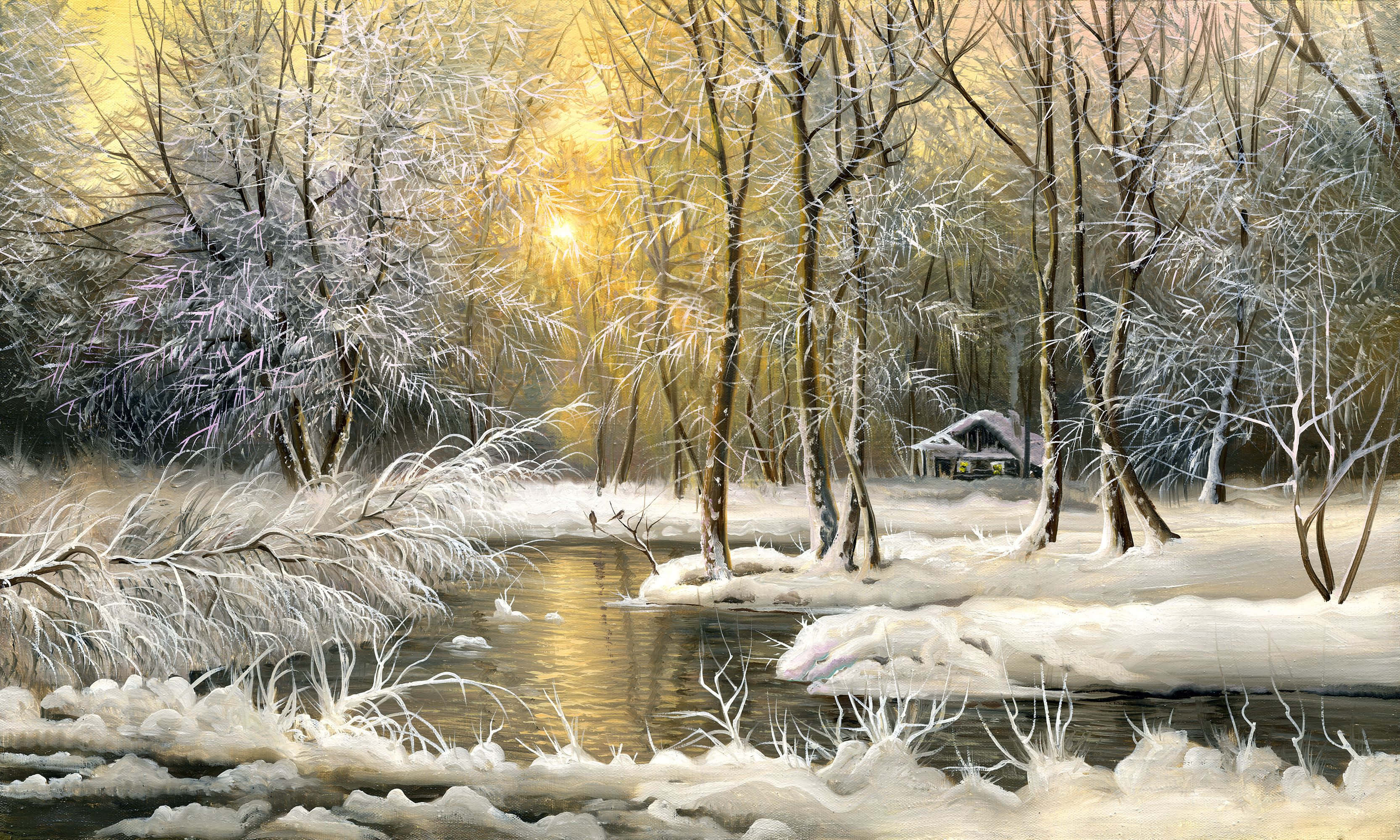 Winter Painting, golden reflections, frozen river, 2K Desktop Wallpaper