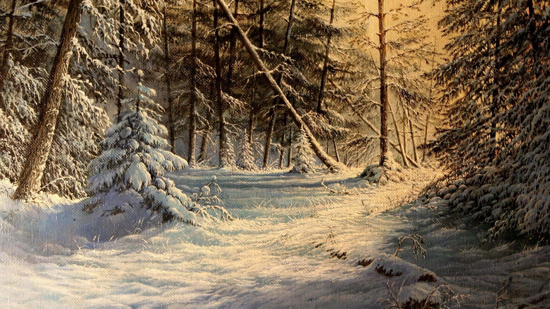 Winter Painting, snow-laden pine trees, golden warmth, Full HD Desktop Wallpaper